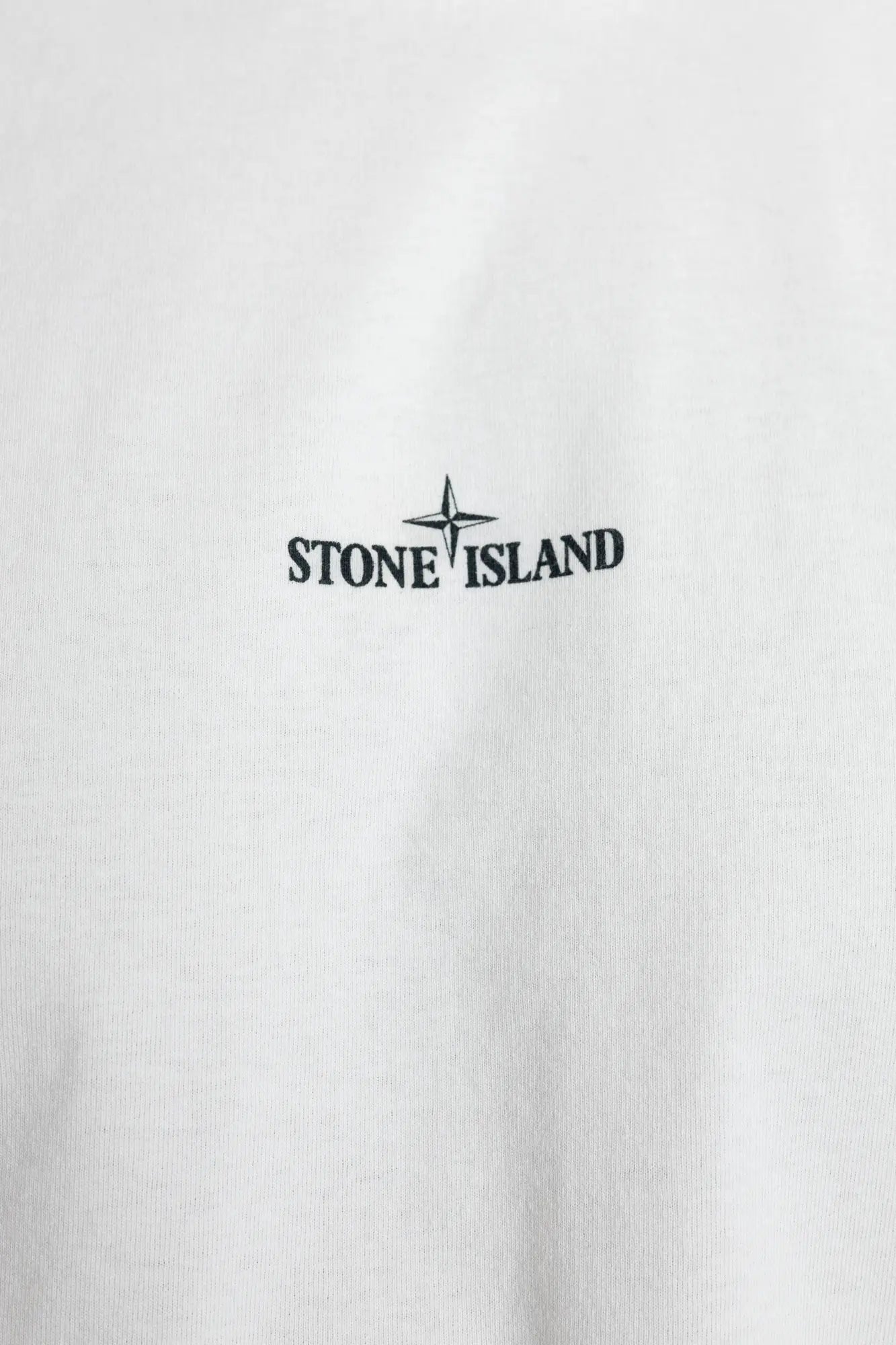 Stone Island, Mens T-Shirt, White V0001, Front and Back Print, Lab Print, Short Sleeves, Organic Cotton Jersey, 100% Cotton, Hand Sprayed, Front Print Close-up. 