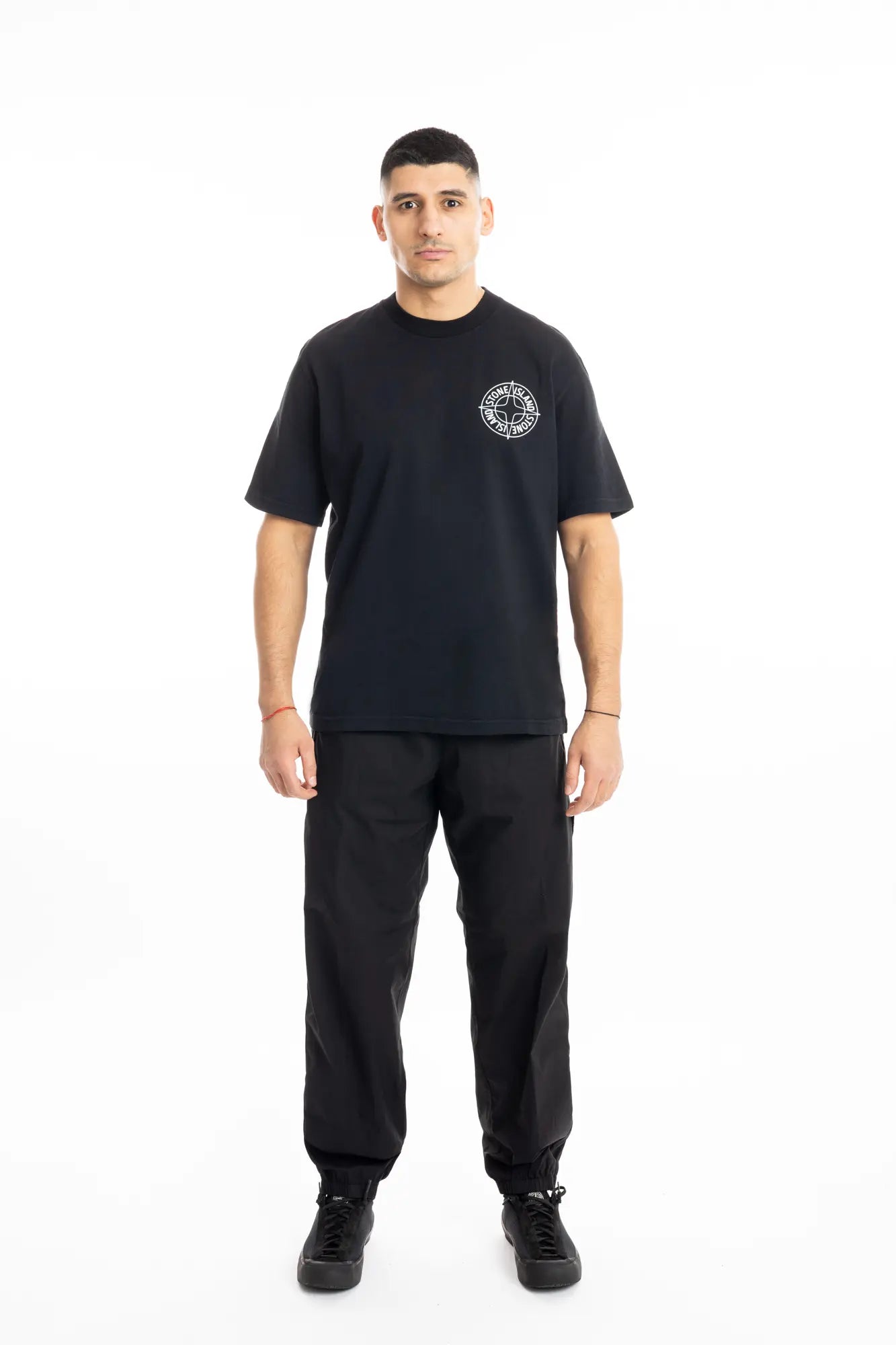 Stone Island, Mens T-Shirt, Black V0029, Raised Print, Front and Back Print, Cotton Jersey, Crewneck, Compass Logo, 'Outline Compass' print, White Print, Black Cotton, 100% Cotton, Full Body. 