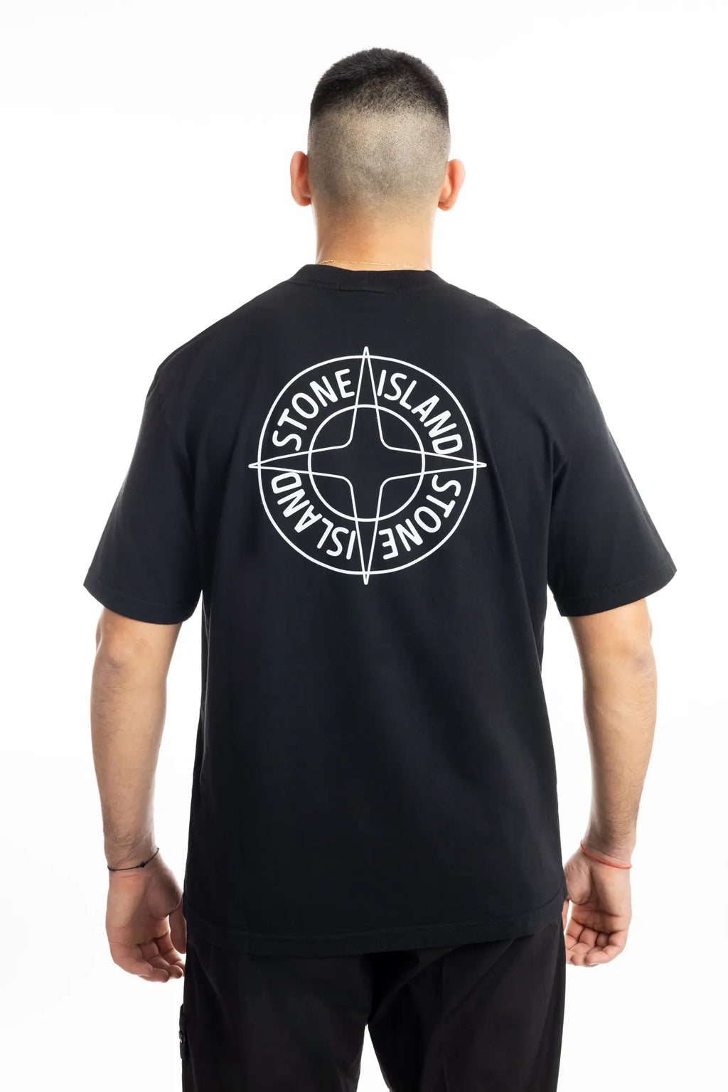 Stone Island, Mens T-Shirt, Black V0029, Raised Print, Front and Back Print, Cotton Jersey, Crewneck, Compass Logo, 'Outline Compass' print, White Print, Black Cotton, 100% Cotton, Back View. 