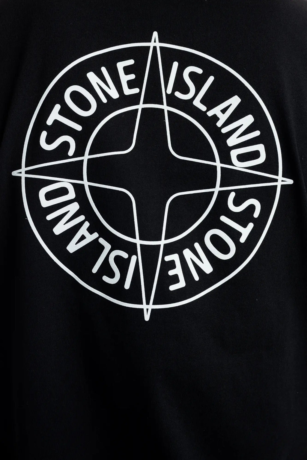 Stone Island, Mens T-Shirt, Black V0029, Raised Print, Front and Back Print, Cotton Jersey, Crewneck, Compass Logo, 'Outline Compass' print, White Print, Black Cotton, 100% Cotton, Back Print Close-up. 