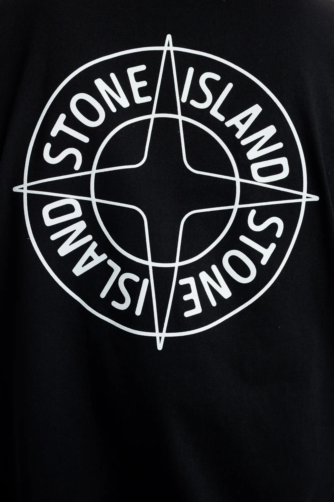 Stone Island, Mens T-Shirt, Black V0029, Raised Print, Front and Back Print, Cotton Jersey, Crewneck, Compass Logo, 'Outline Compass' print, White Print, Black Cotton, 100% Cotton, Back Print Close-up. 
