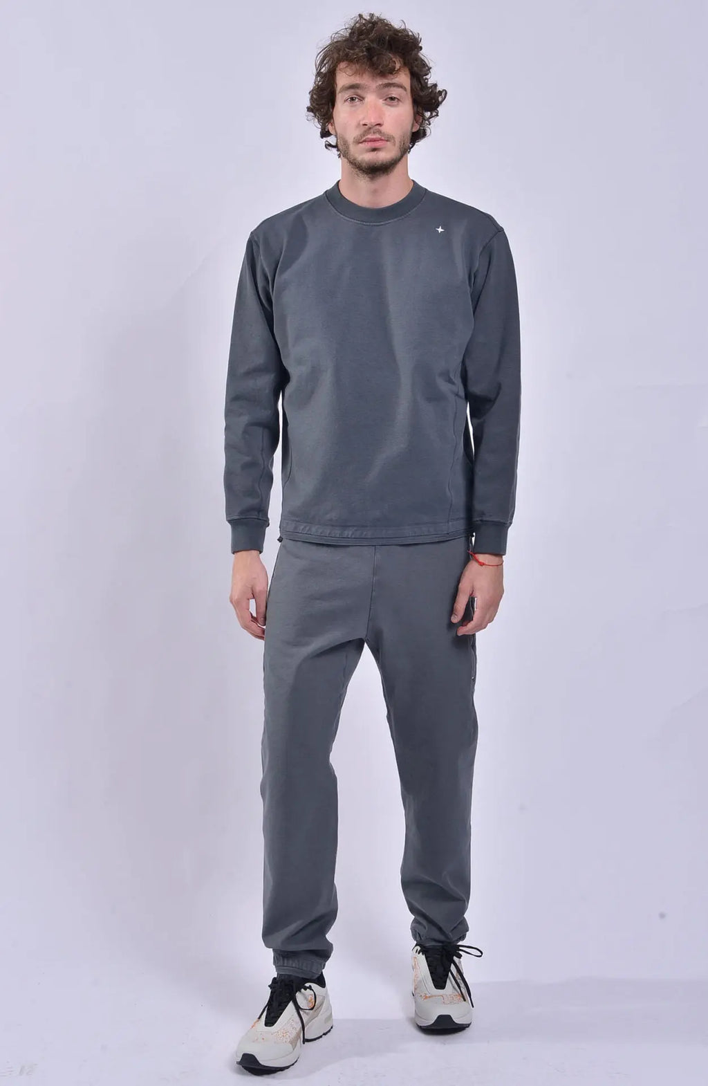 Stone Island, Mens Sweater, Crewneck, Grey, Long Sleeve, Embroidery, Stone Island Logo, Stone Island Stellina, Full Body Front Photo. 