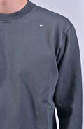 Stone Island, Mens Sweater, Crewneck, Grey, Long Sleeve, Embroidery, Stone Island Logo, Stone Island Stellina, Left Shoulder Logo Close-up Photo. 