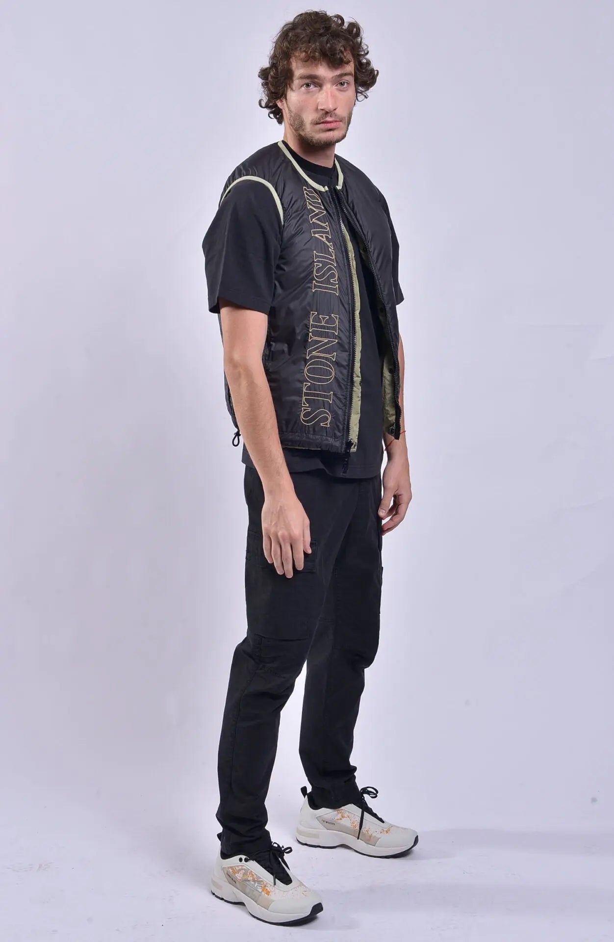 Stone Island, Mens Vest, Down Vest, Double-Faced Vest, Black with Light Details, Zippers, Pockets, Full Body 3/4 Photo. 