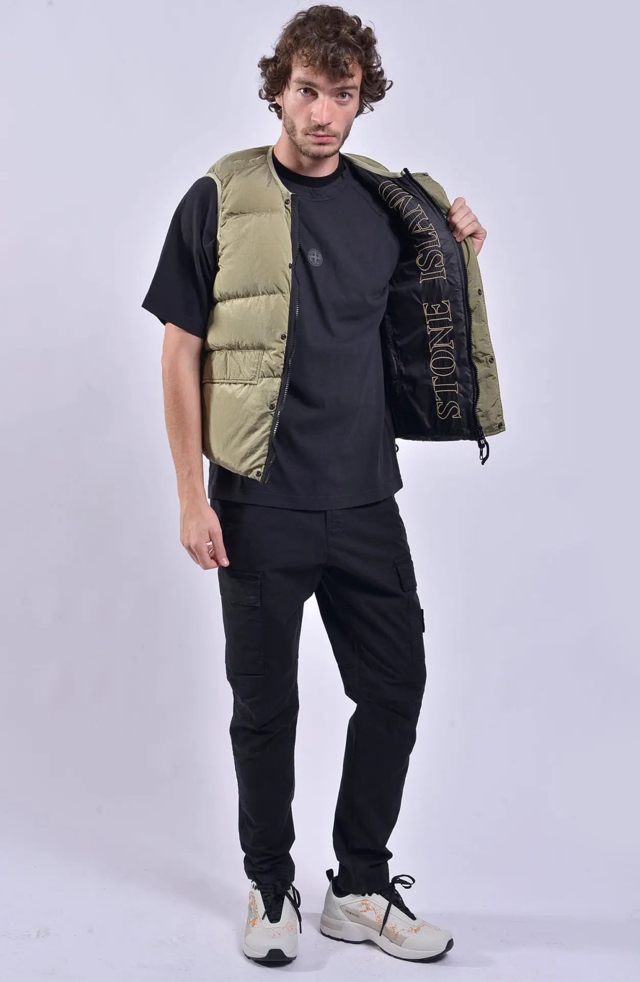 Stone Island, Mens Vest, Down Vest, Double-Faced Vest, Beige With Black Lining, Zippers, Pockets, Full Body Photo. 