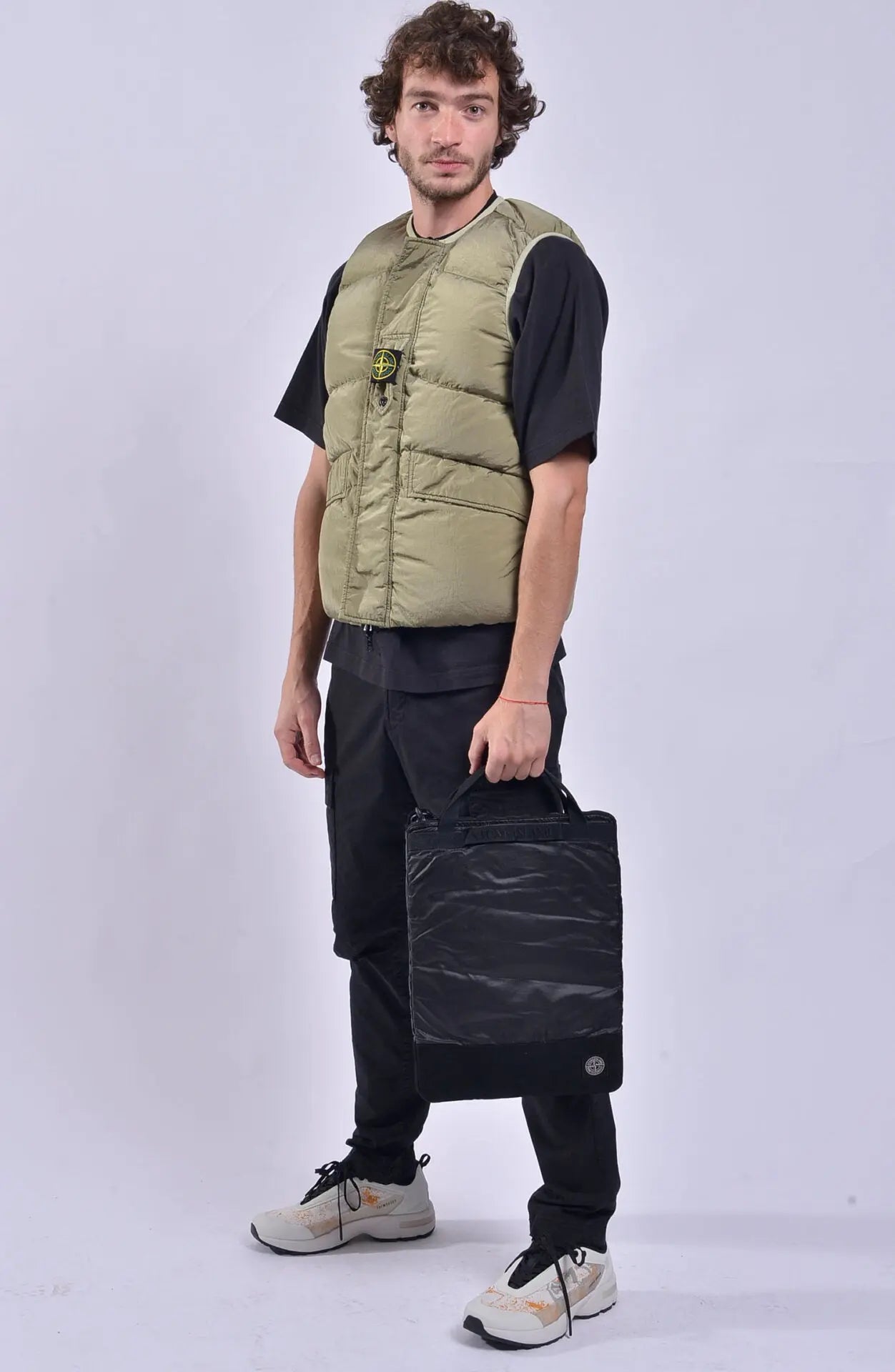 Stone Island, Mens Vest, Down Vest, Double-Faced Vest, Beige, Zippers, Pockets, Vest Bag, Full Body Photo with Stone Island Bag. 