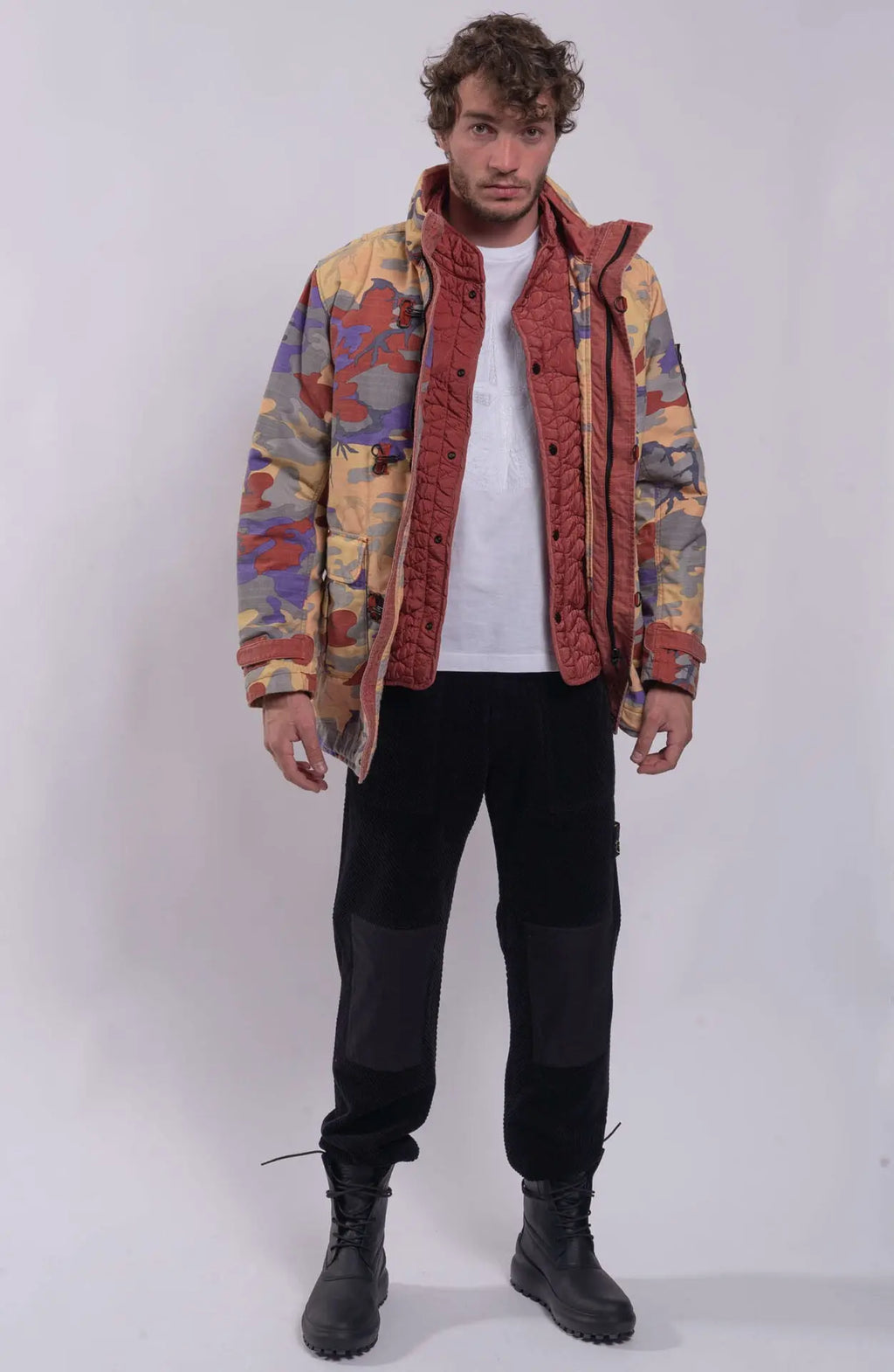 Stone Island, Mens Jacket, Camouflage and Red, Double detachable mens field jacket, Full Body Front Photo.