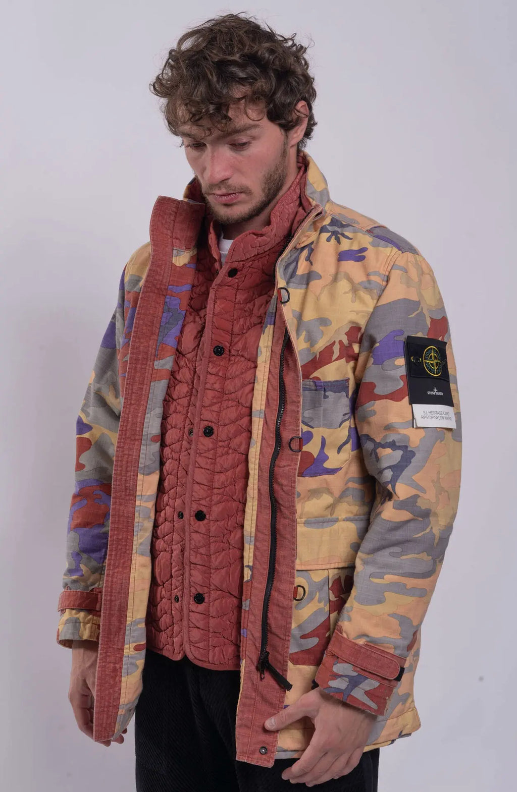 Stone Island, Mens Jacket, Camouflage and Red, Double detachable mens field jacket, Stone Island Badge, Left Side 7/8 Photo