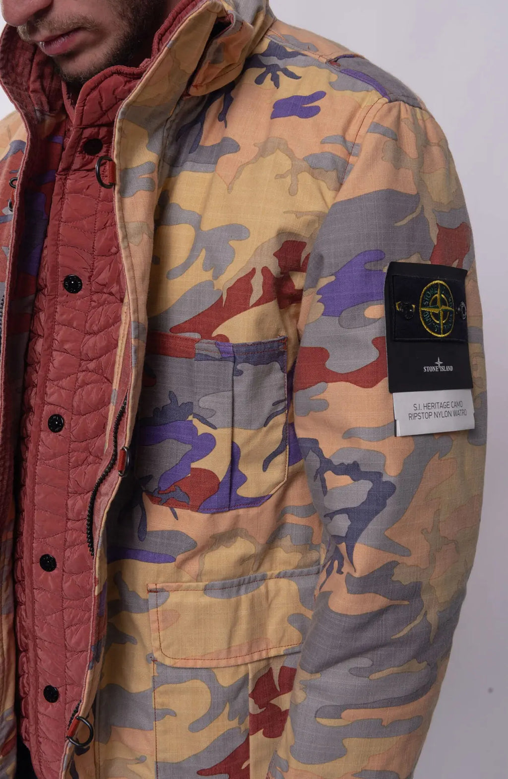 Stone Island, Mens Jacket, Camouflage and Red, Double detachable mens field jacket, Stone Island Badge, Left Side S.I Badge Close-up