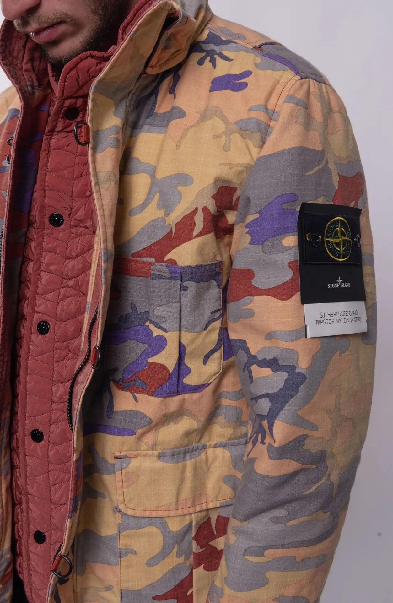 Stone Island, Mens Jacket, Camouflage and Red, Double detachable mens field jacket, Stone Island Badge, Left Side S.I Badge Close-up