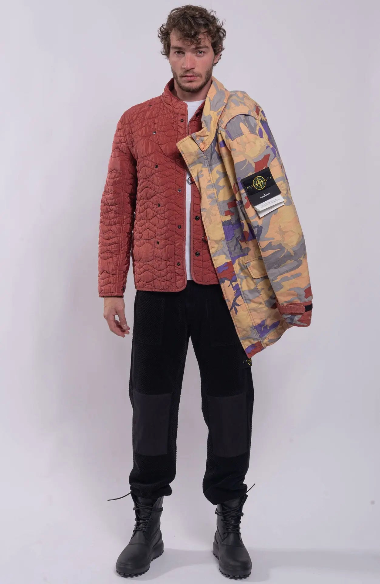 Stone Island, Stone Island Buttons, Stone Island Badge, Velcro, Mens Jacket, Red and Camouflage, Double detachable lining, Mens field jacket, Both Parts of Jacket Showcase Full Body Photo. 