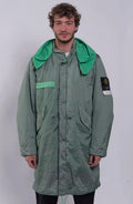 Stone Island, Green Male Jacket, Long Parka Jacket, Hooded, Stone Island Badge, Front Photo. 