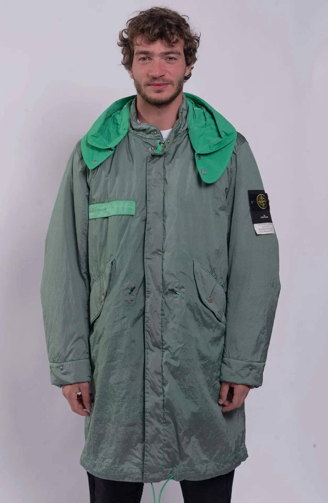 Stone Island, Green Male Jacket, Long Parka Jacket, Hooded, Stone Island Badge, Front Photo. 
