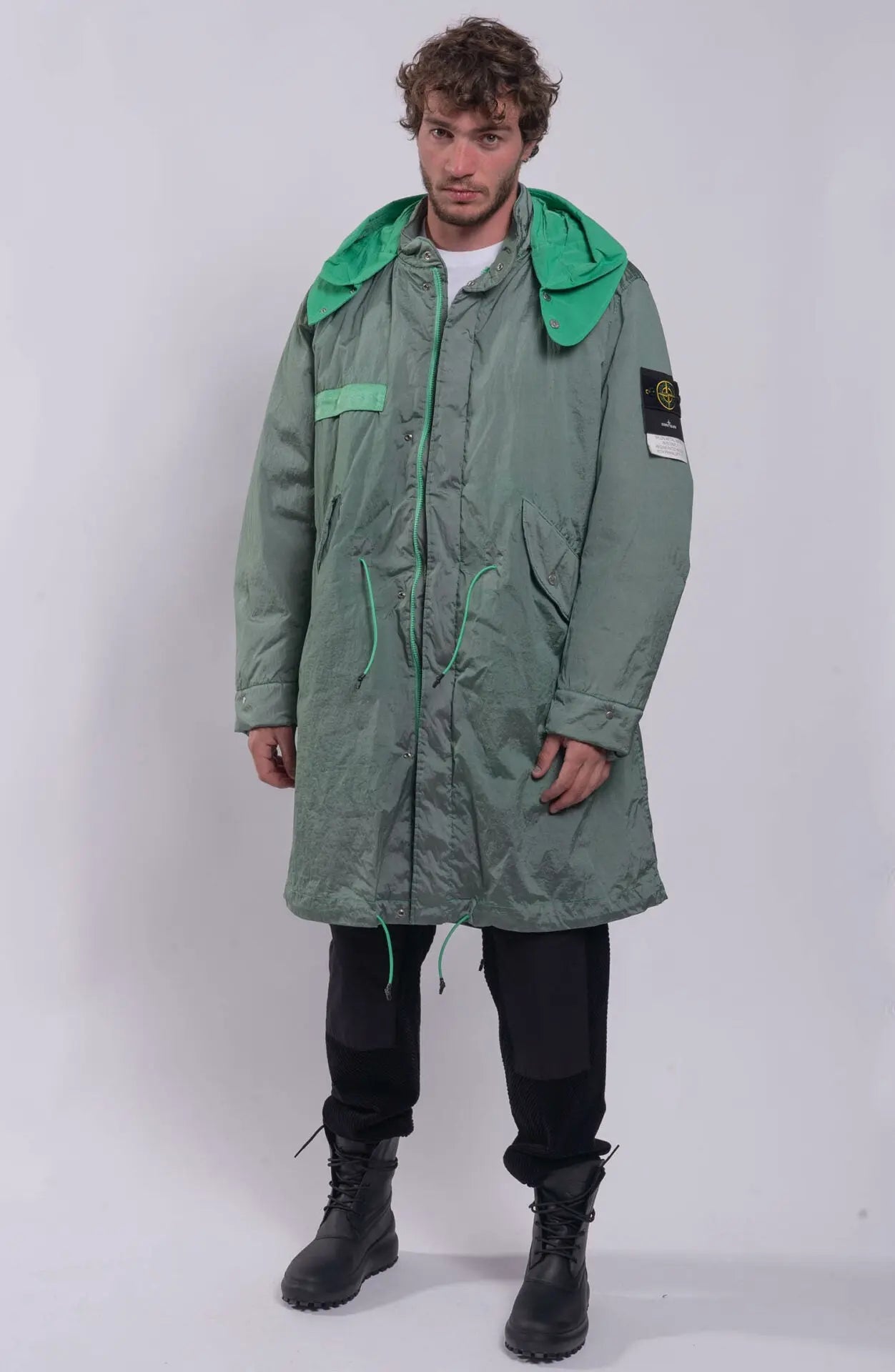 Stone Island, Green Male Jacket, Long Parka Jacket, Hooded, Stone Island Badge, Full Body Photo