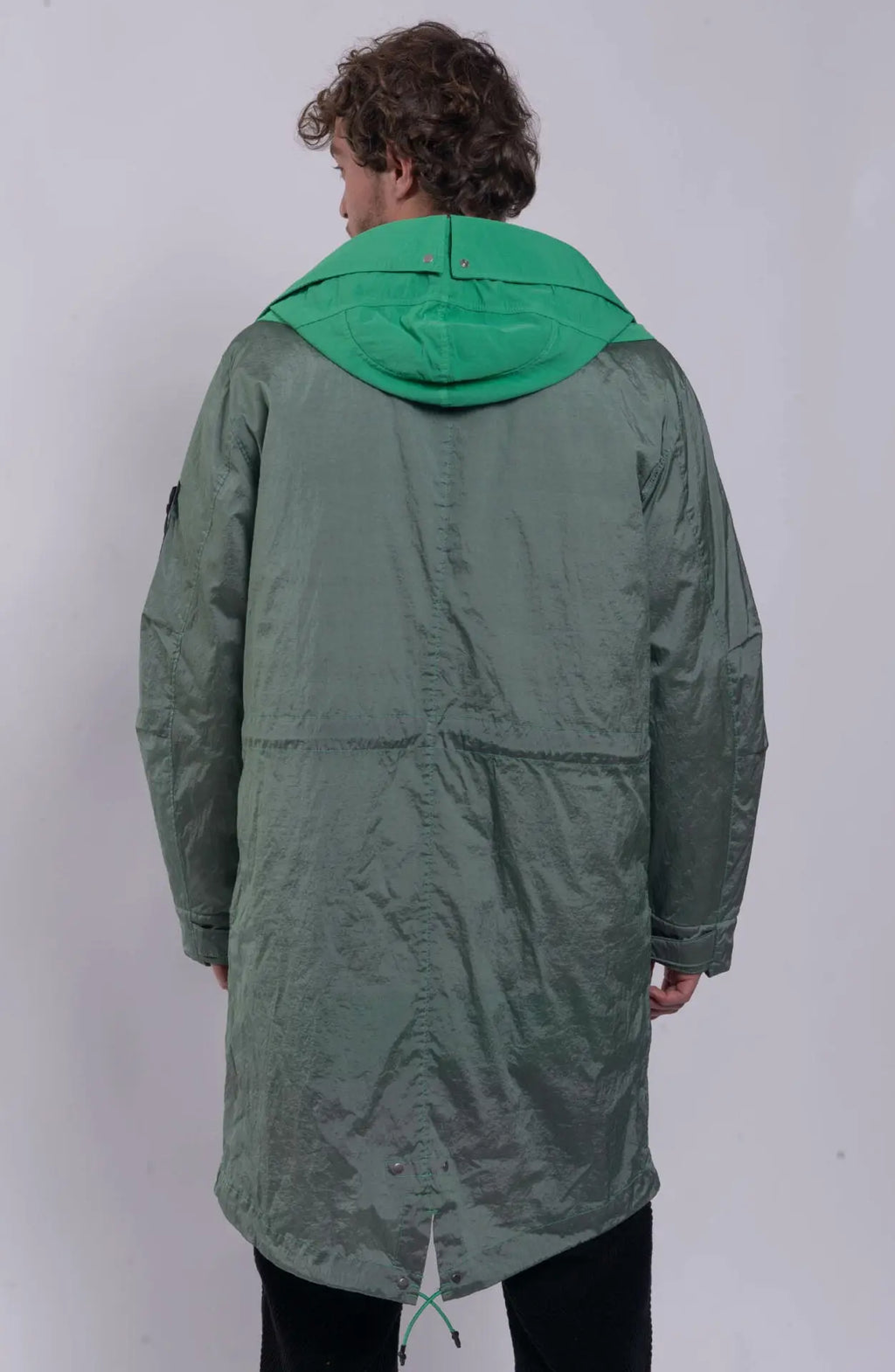 Stone Island, Green Male Jacket, Long Parka Jacket, Hooded, Stone Island Badge, Back Photo. 