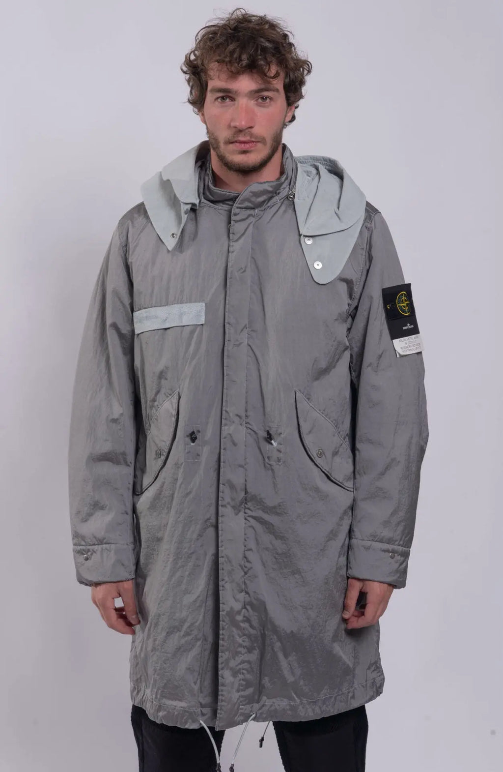 Stone Island, Male Jacket Grey V0061, Long Parka Jacket,  Hooded, Stone Island Badge, Front Photo. 