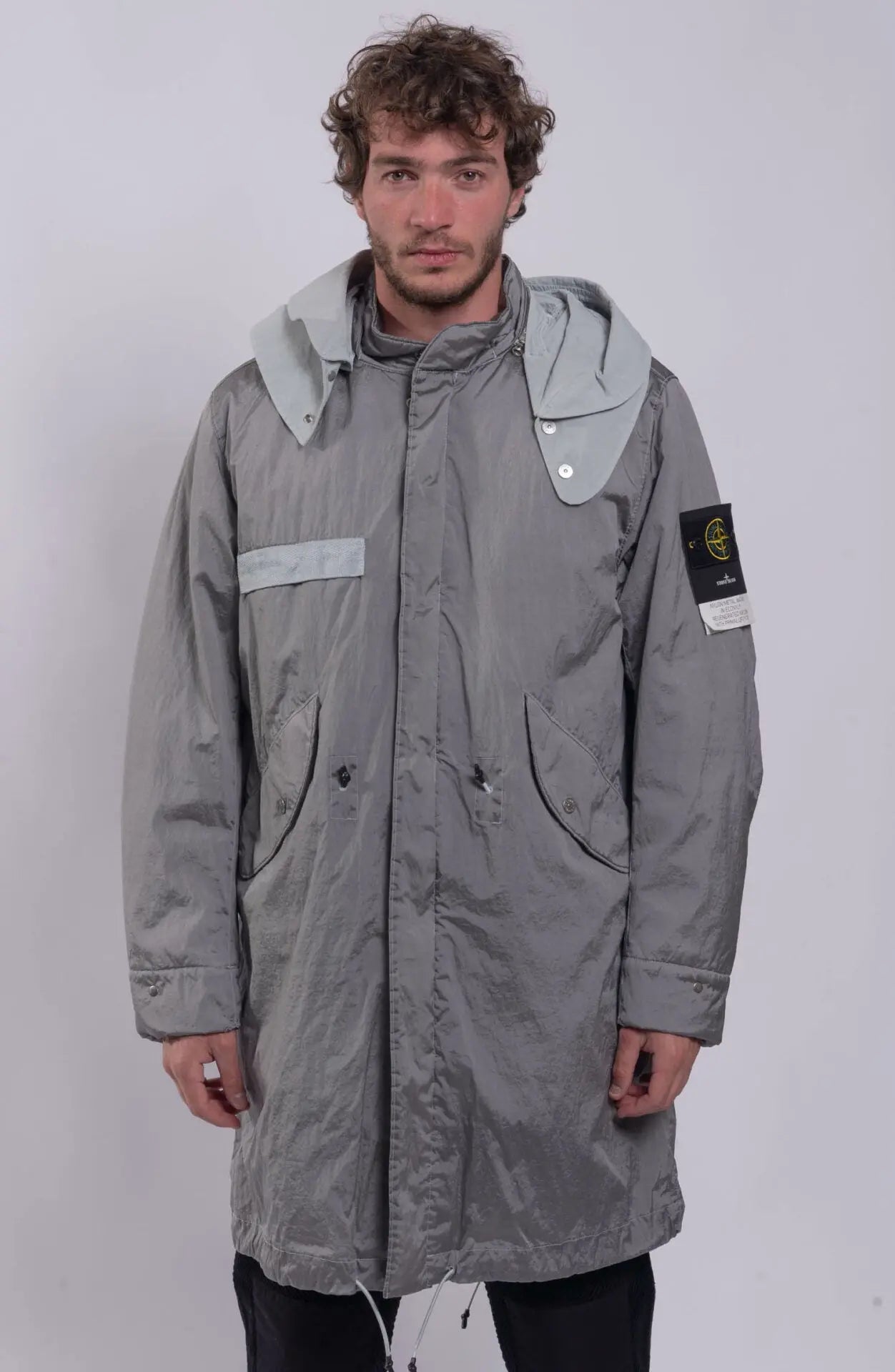 Stone Island, Male Jacket Grey V0061, Long Parka Jacket,  Hooded, Stone Island Badge, Front Photo. 