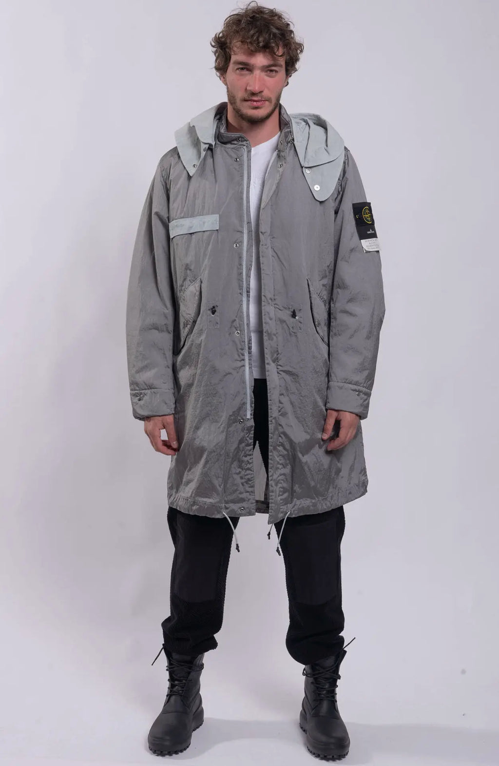 Stone Island, Male Jacket Grey V0061, Long Parka Jacket,  Hooded, Stone Island Badge, Full Body Photo. 