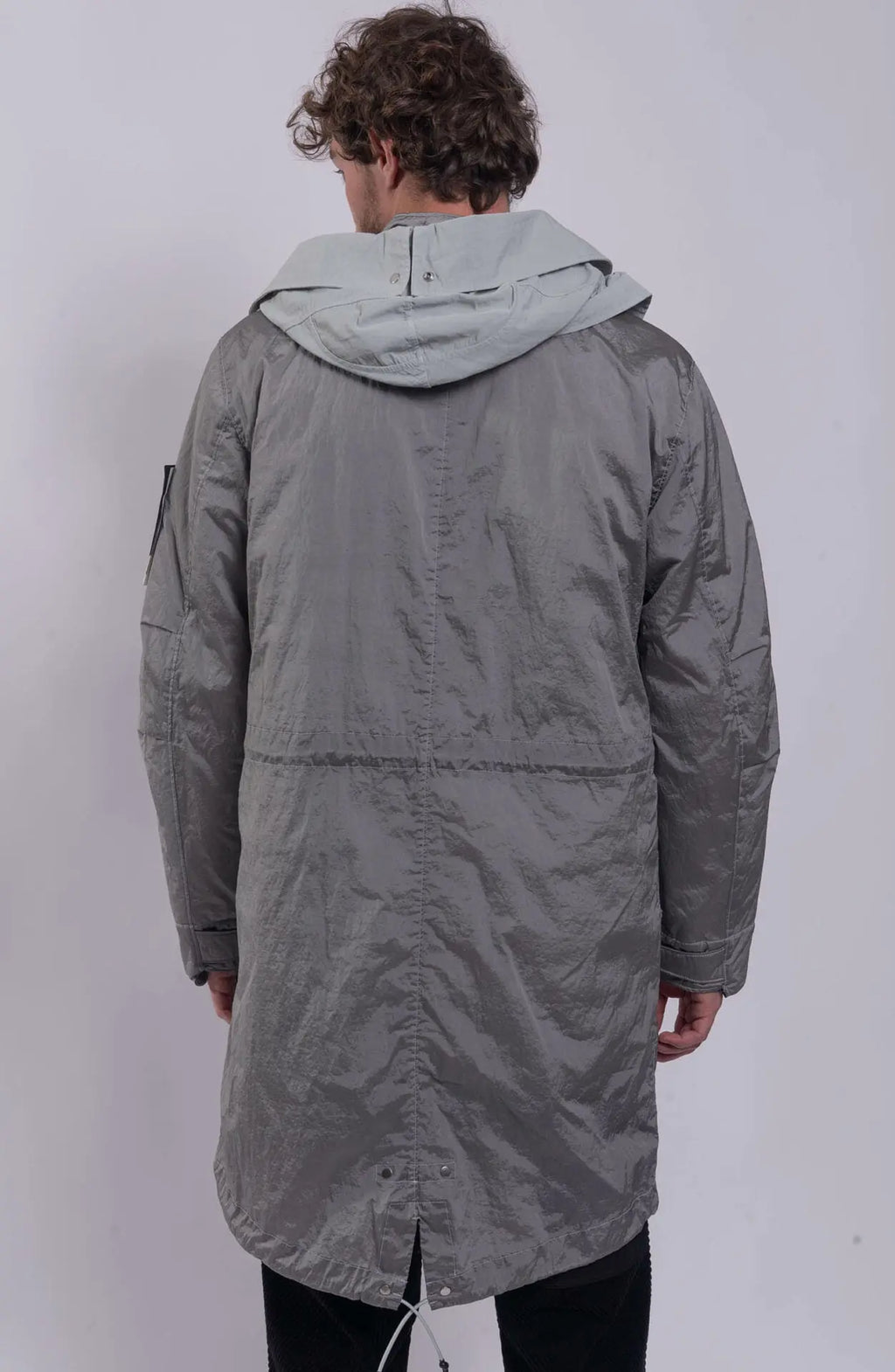 Stone Island, Male Jacket Grey V0061, Long Parka Jacket,  Hooded, Stone Island Badge, Back Photo. 
