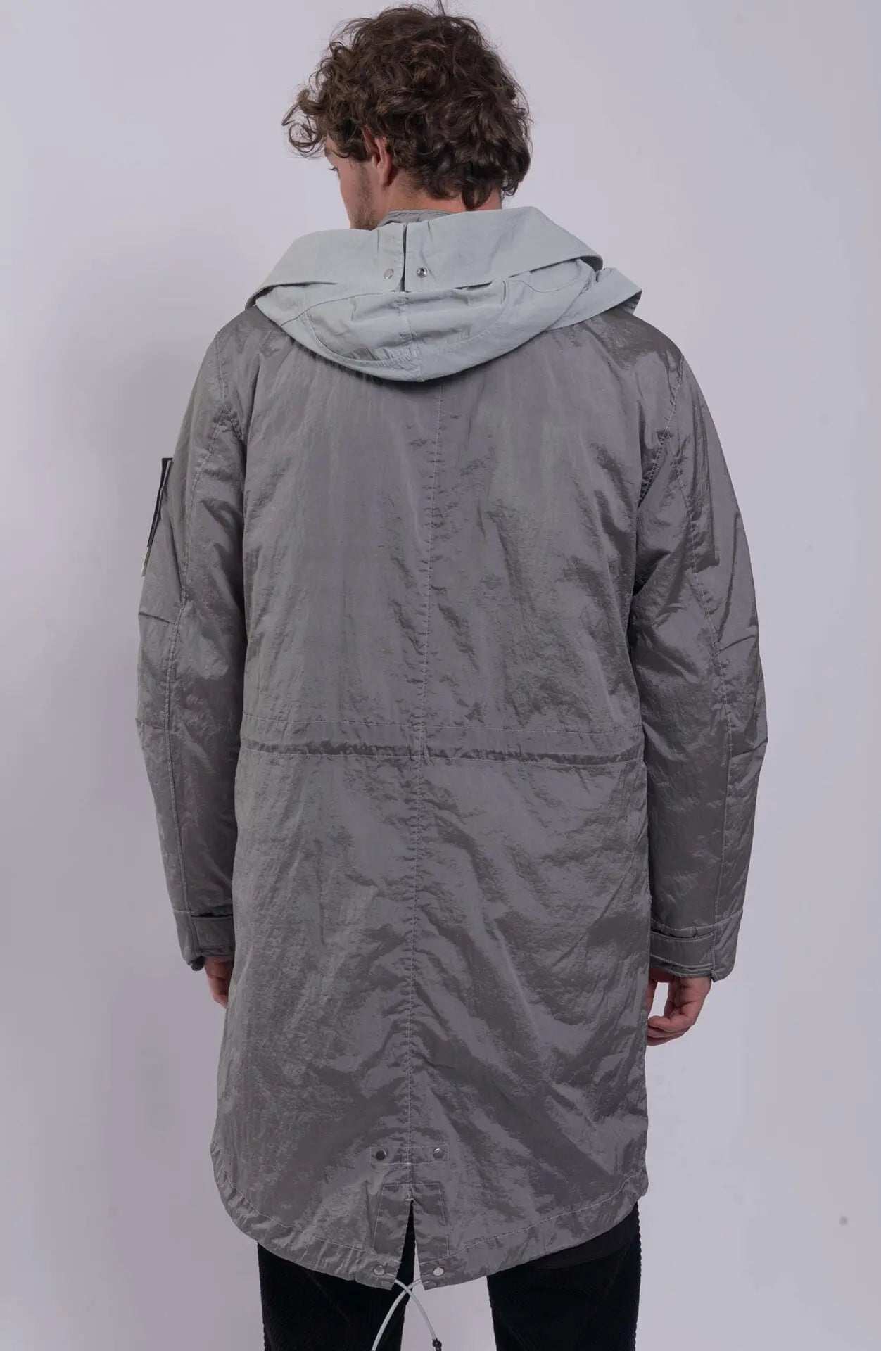 Stone Island, Male Jacket Grey V0061, Long Parka Jacket,  Hooded, Stone Island Badge, Back Photo. 