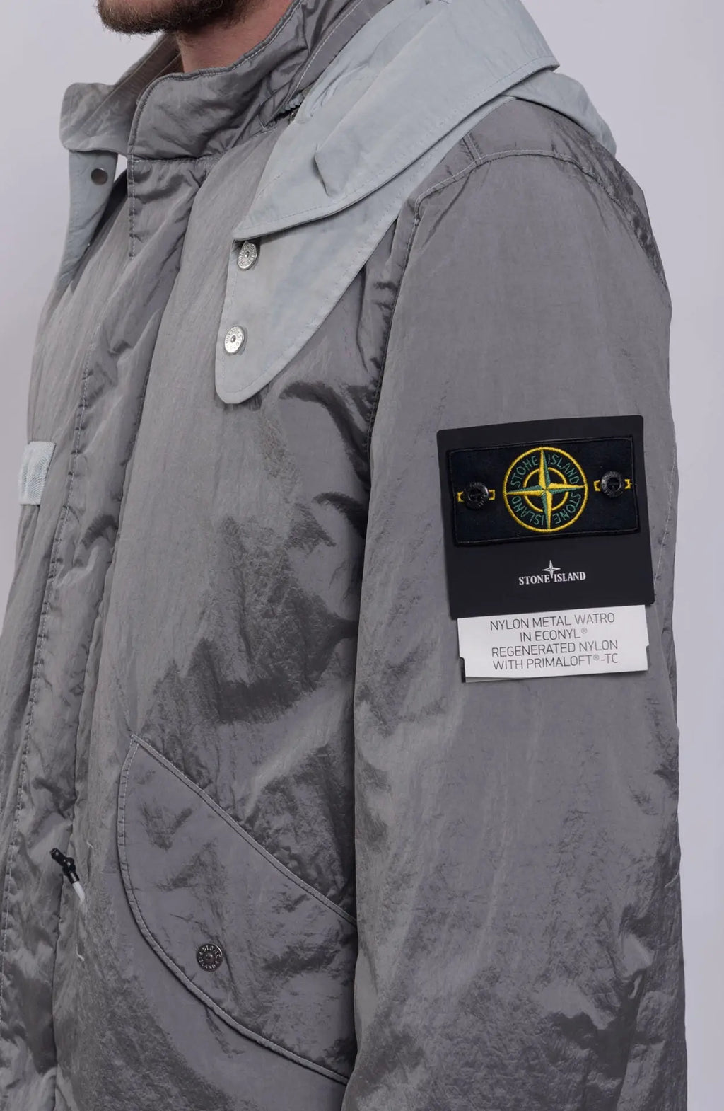 Stone Island, Male Jacket Grey V0061, Long Parka Jacket,  Hooded, Stone Island Badge, Badge Close-up