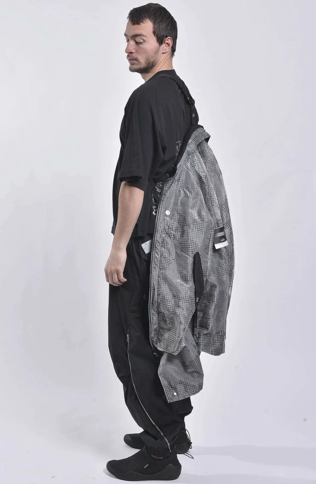 Stone Island, Shadow Project, Grey, Black, Mens Jacket, Fishtail Parka, Carrying Straps, Internal Harness, Full Body Front Photo.