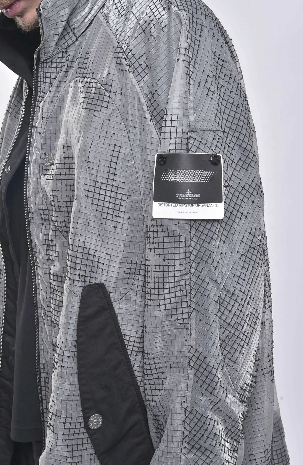 Stone Island, Shadow Project, Grey, Black, Mens Jacket, Fishtail Parka, Stone Island Badge, Fabric and Badge Detail Close-up