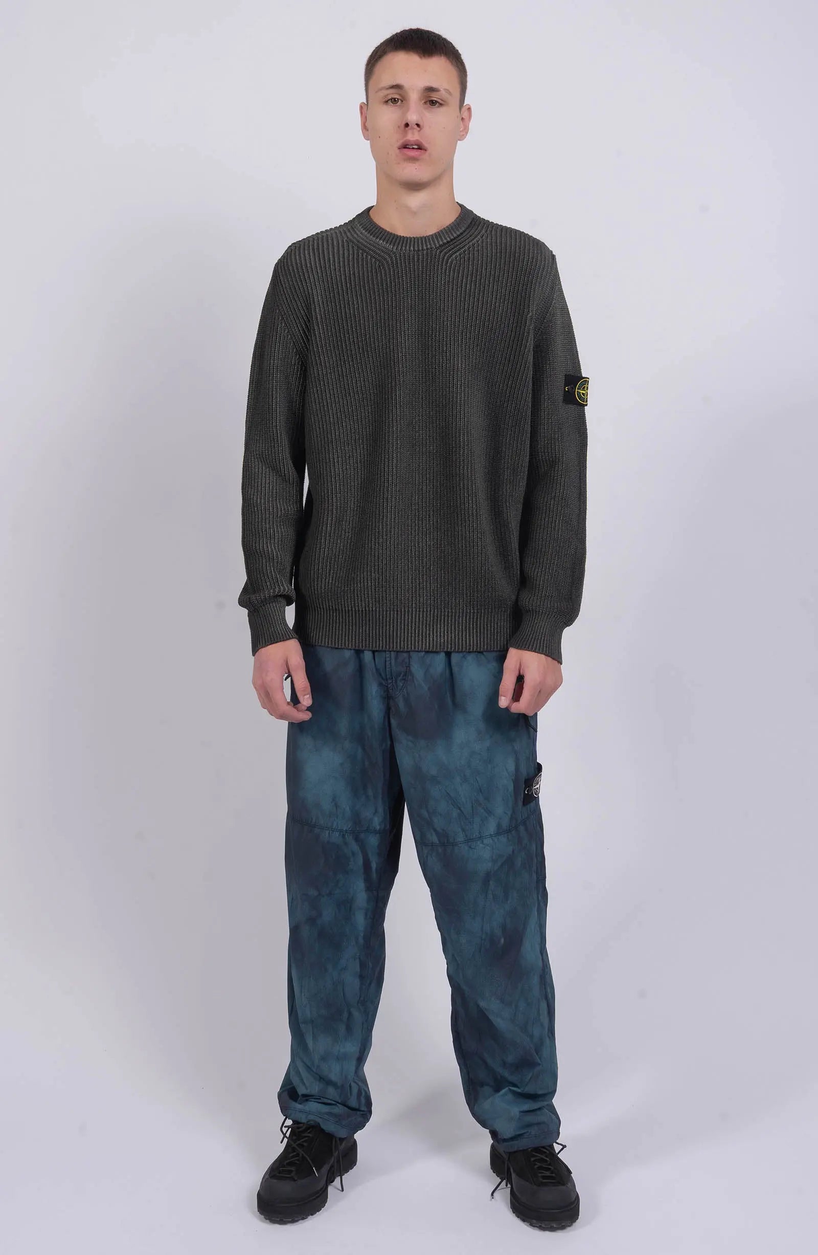 Stone Island, Mens Sweater, Grey V0062, Compass Badge, Two-Tone Gray, Knitwear, Full Body Photo. 
