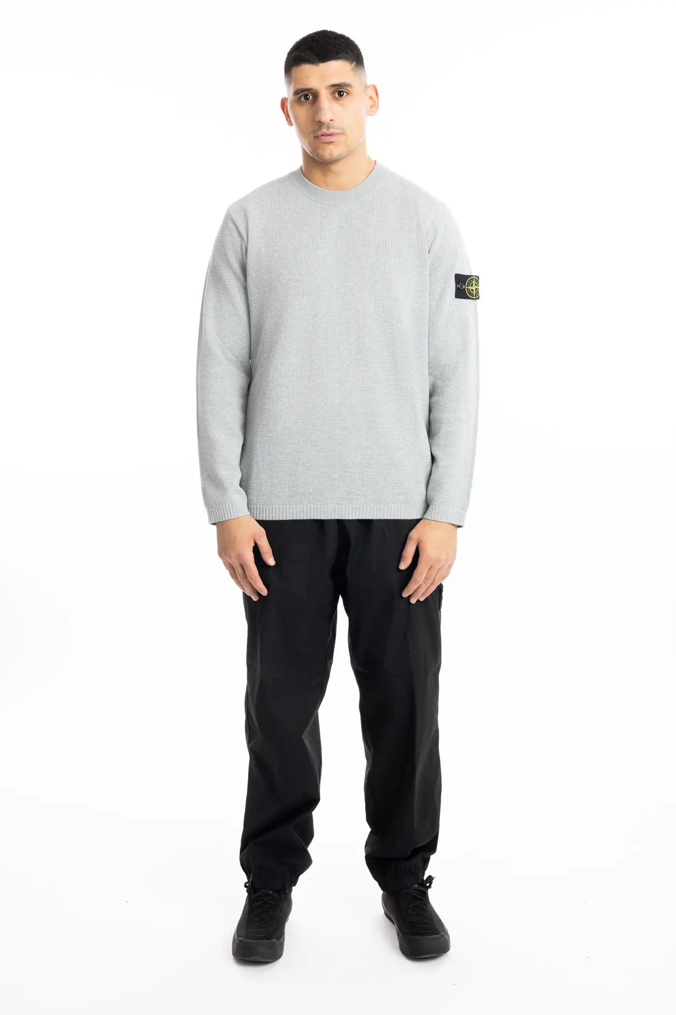 Stone Island, Mens Sweater, Melange Pearl Grey V0M61, Waffle, Knitwear, Long Sleeves, Compass Badge, Logo-patch, Ribbed Hems, Ribbed Cuffs, Full Body Front Photo. 