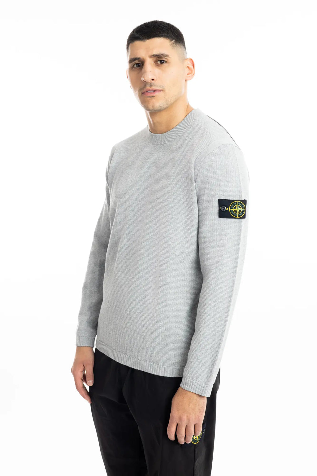 Stone Island, Mens Sweater, Melange Pearl Grey V0M61, Waffle, Knitwear, Long Sleeves, Compass Badge, Logo-patch, Ribbed Hems, Ribbed Cuffs, 3/4 Front Photo. 