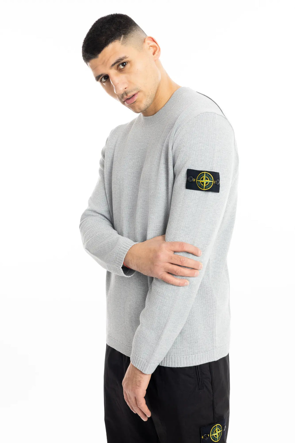 Stone Island, Mens Sweater, Melange Pearl Grey V0M61, Waffle, Knitwear, Long Sleeves, Compass Badge, Logo-patch, Ribbed Hems, Ribbed Cuffs, In-motion Photo. 