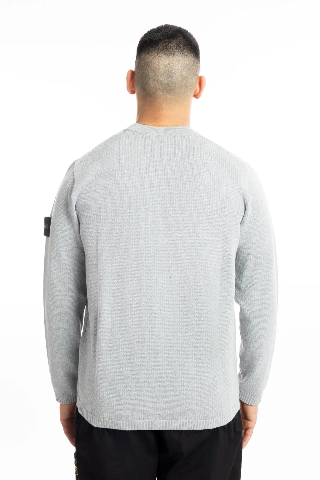 Stone Island, Mens Sweater, Melange Pearl Grey V0M61, Waffle, Knitwear, Long Sleeves, Compass Badge, Logo-patch, Ribbed Hems, Ribbed Cuffs, Back Photo. 