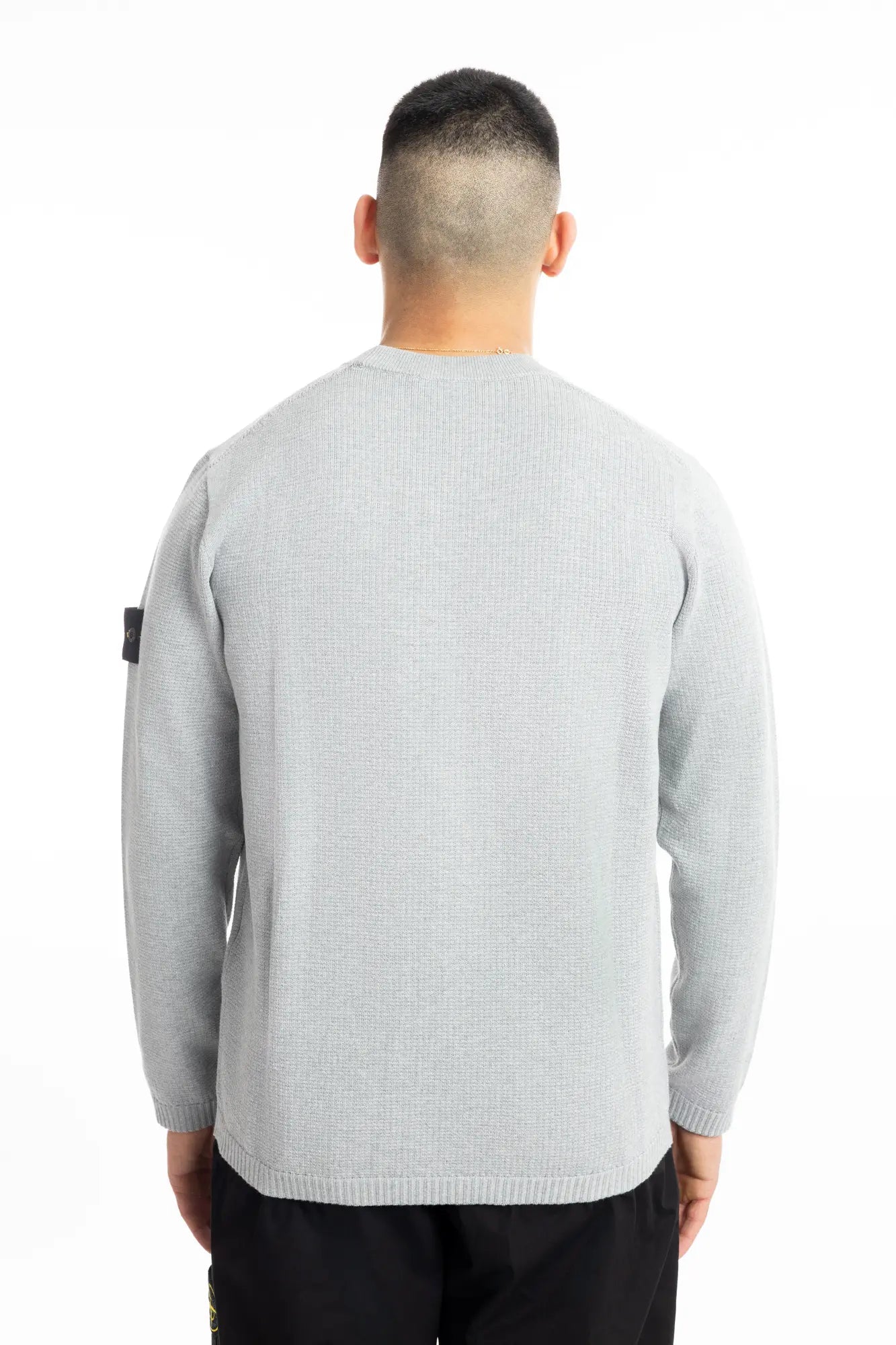 Stone Island, Mens Sweater, Melange Pearl Grey V0M61, Waffle, Knitwear, Long Sleeves, Compass Badge, Logo-patch, Ribbed Hems, Ribbed Cuffs, Back Photo. 