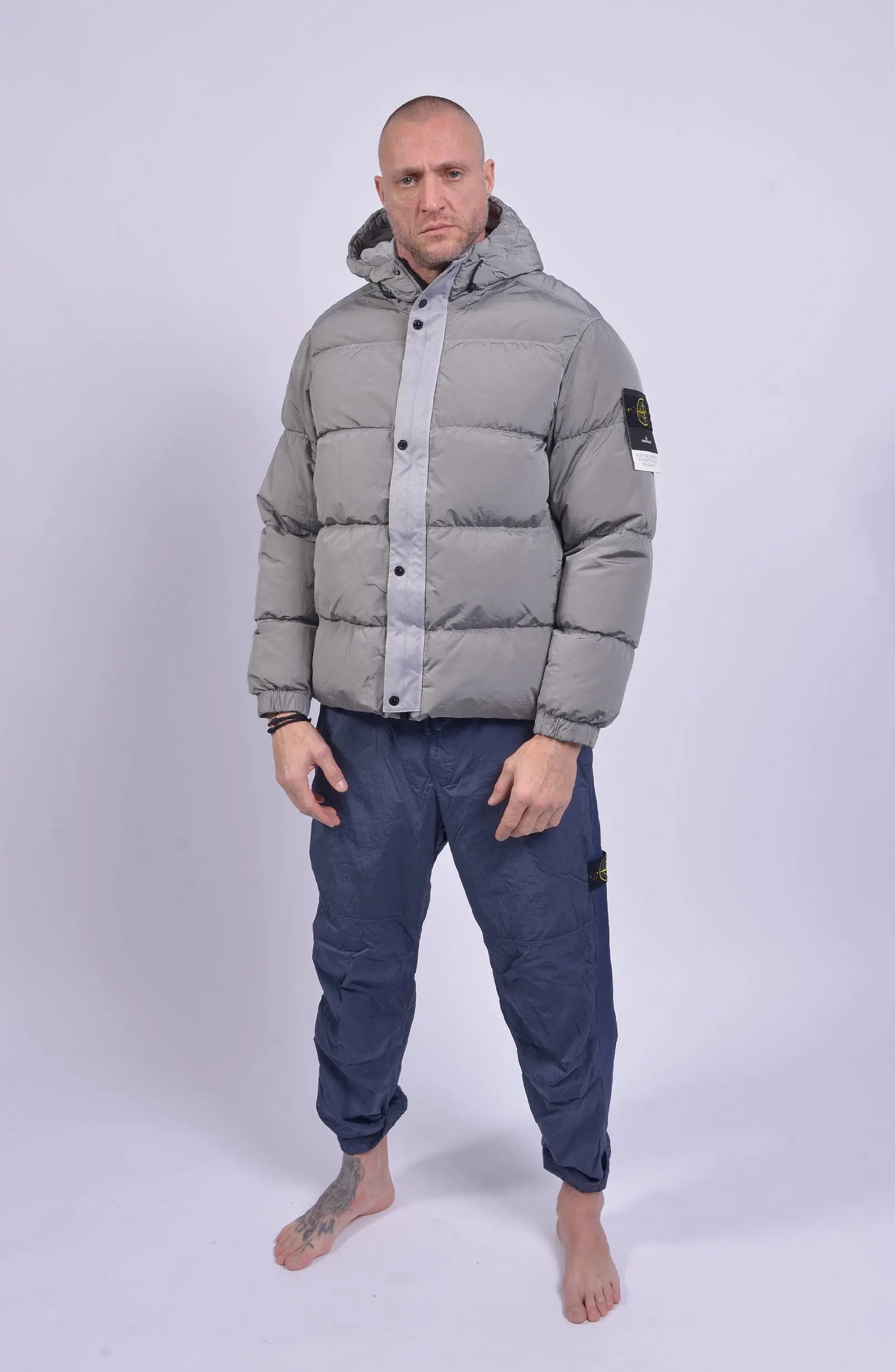 Stone Island, Mens Jacket, Hooded Puffer Jacket, Grey Jacket V0160, Hidden Zipper, YKK Zipper, Compass Badge, Stone Island Buttons, Front Photo. 