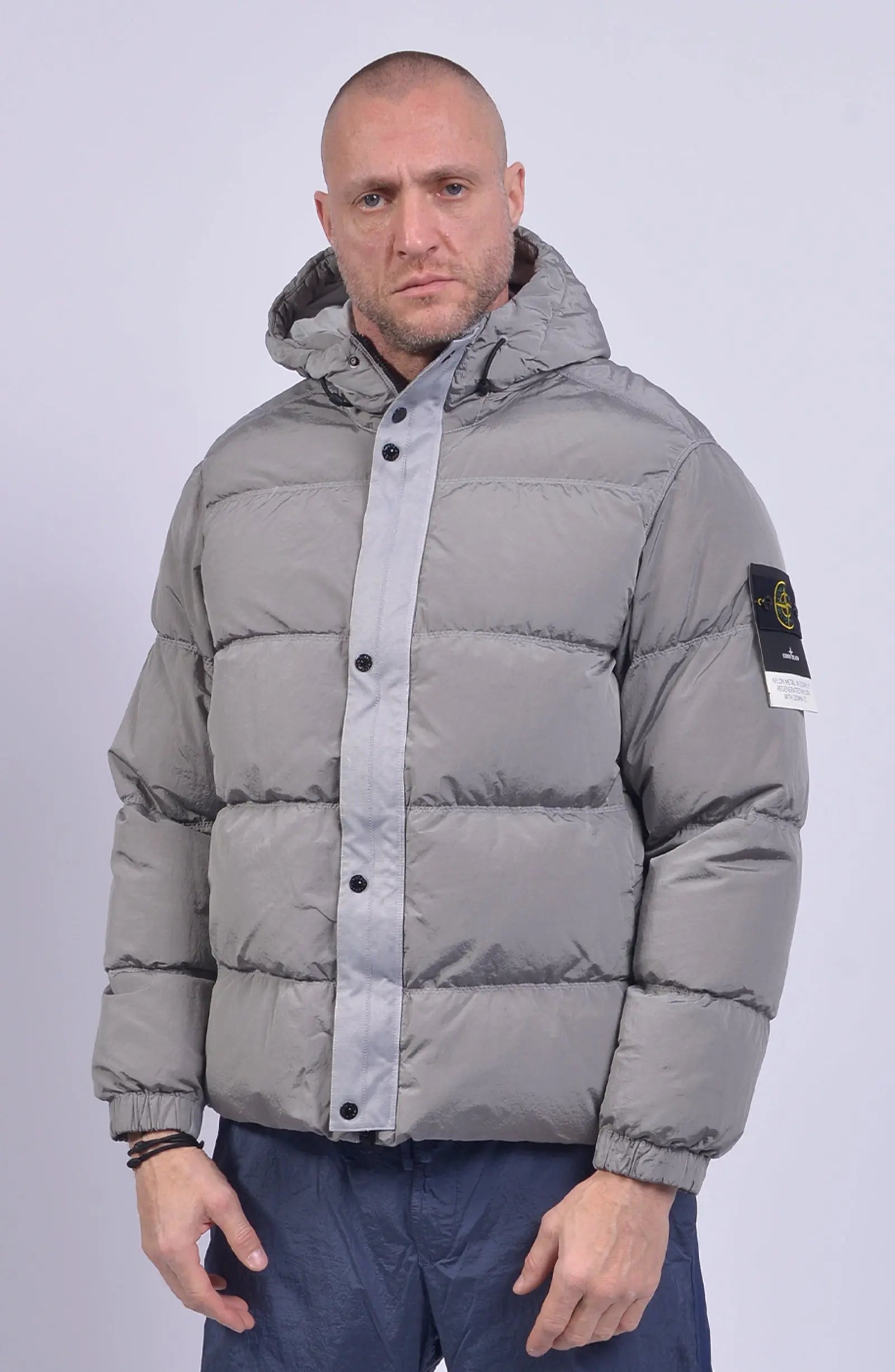 Stone Island, Mens Jacket, Hooded Puffer Jacket, Grey Jacket V0160, Hidden Zipper, YKK Zipper, Compass Badge, Stone Island Buttons, Front Photo. 