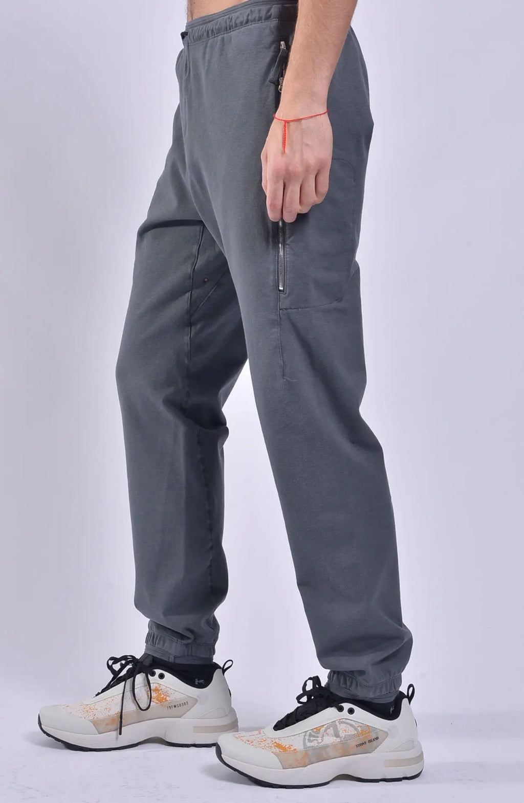 Stone Island, Mens Sweatpants, Grey, Elastic Cotton Fleece, Stellina Pants, Embroidery, Drawstring, YKK Zippers, Pockets, Left Side Step Photo. 