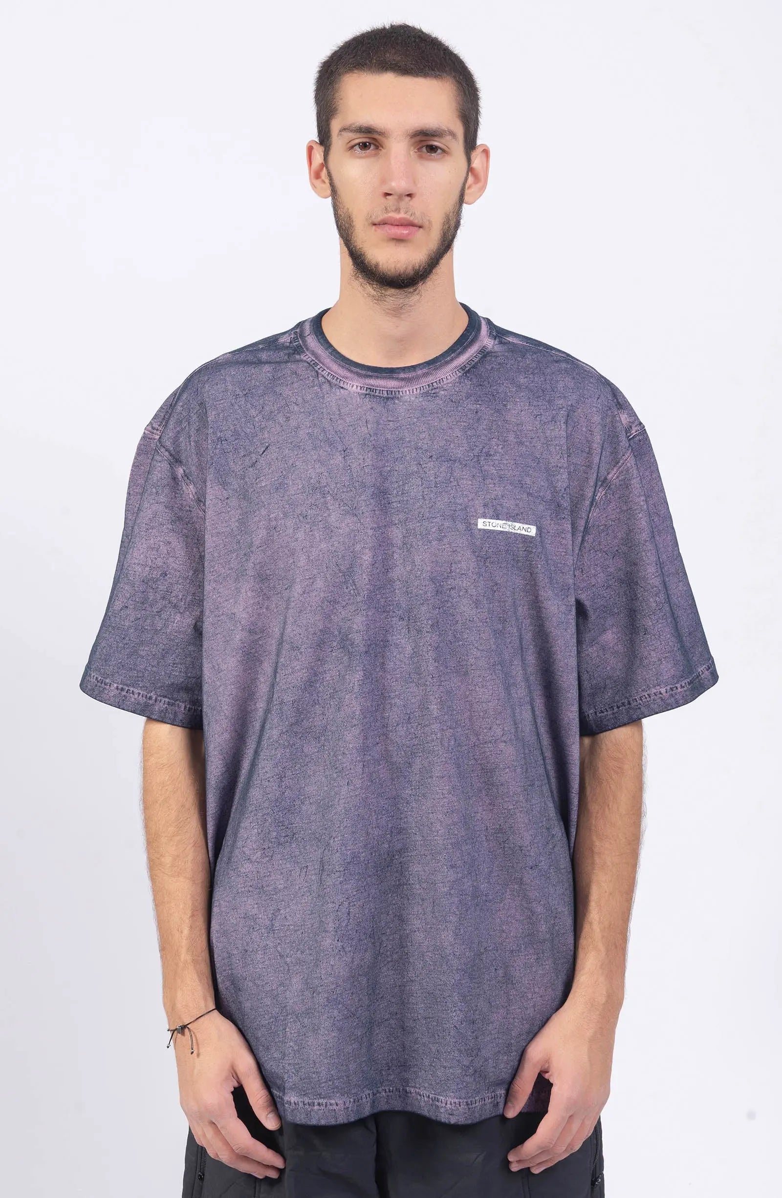 Stone Island, Mens T-Shirt, Ink Blue Velo Effect Finish V0026, Raised Print, Short Sleeves, Garment Dyed, Stone Island Print, Front Portrait. 