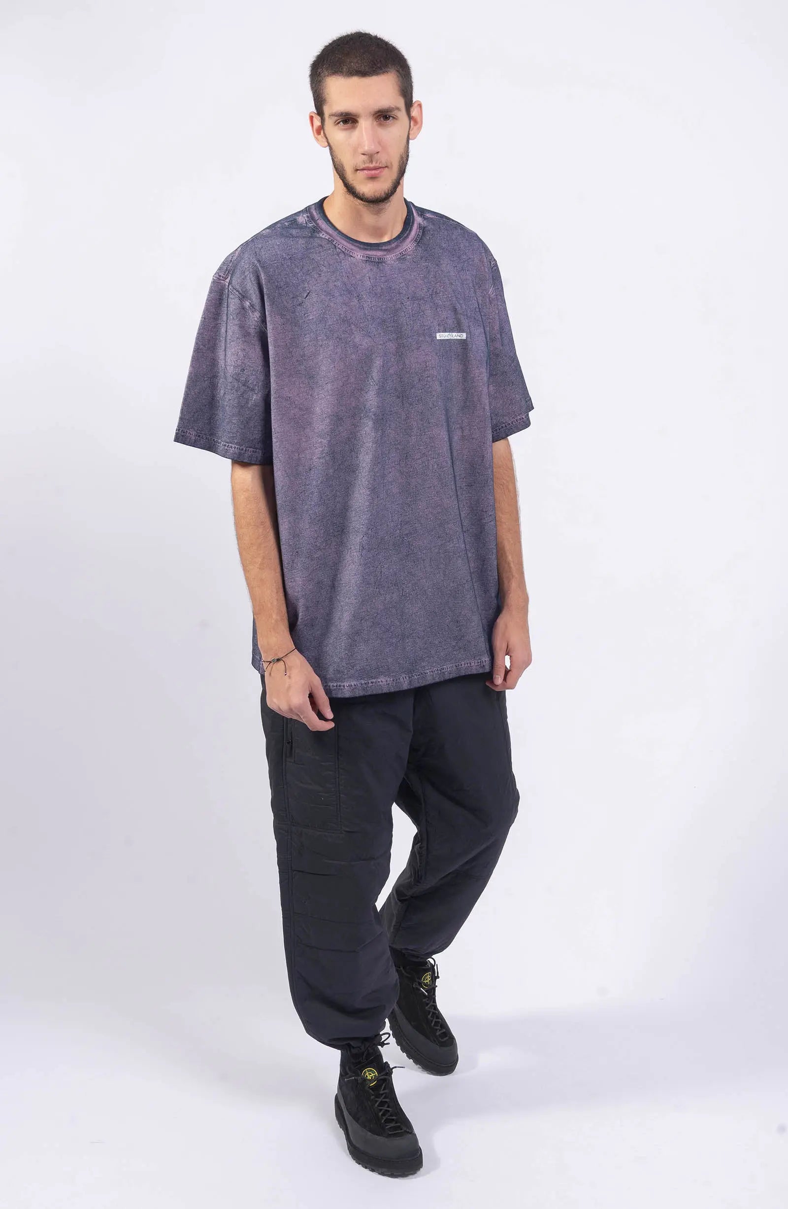 Stone Island, Mens T-Shirt, Ink Blue Velo Effect Finish V0026, Raised Print, Short Sleeves, Garment Dyed, Stone Island Print, Full Body Photo. 