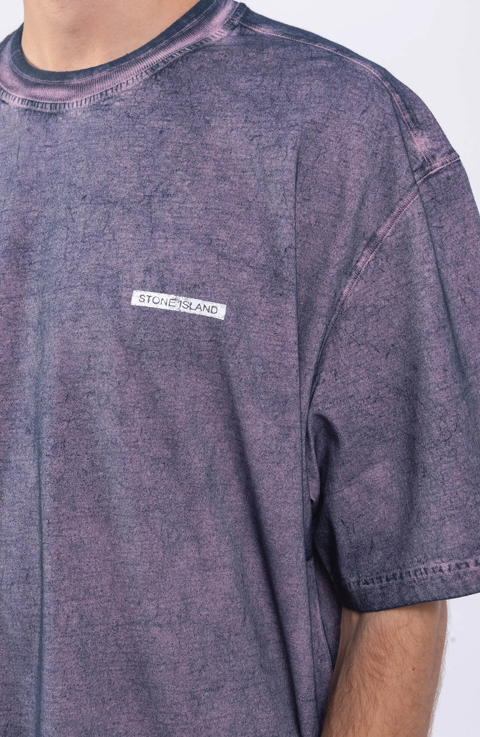 Stone Island, Mens T-Shirt, Ink Blue Velo Effect Finish V0026, Raised Print, Short Sleeves, Garment Dyed, Stone Island Print, Print Close-up. 