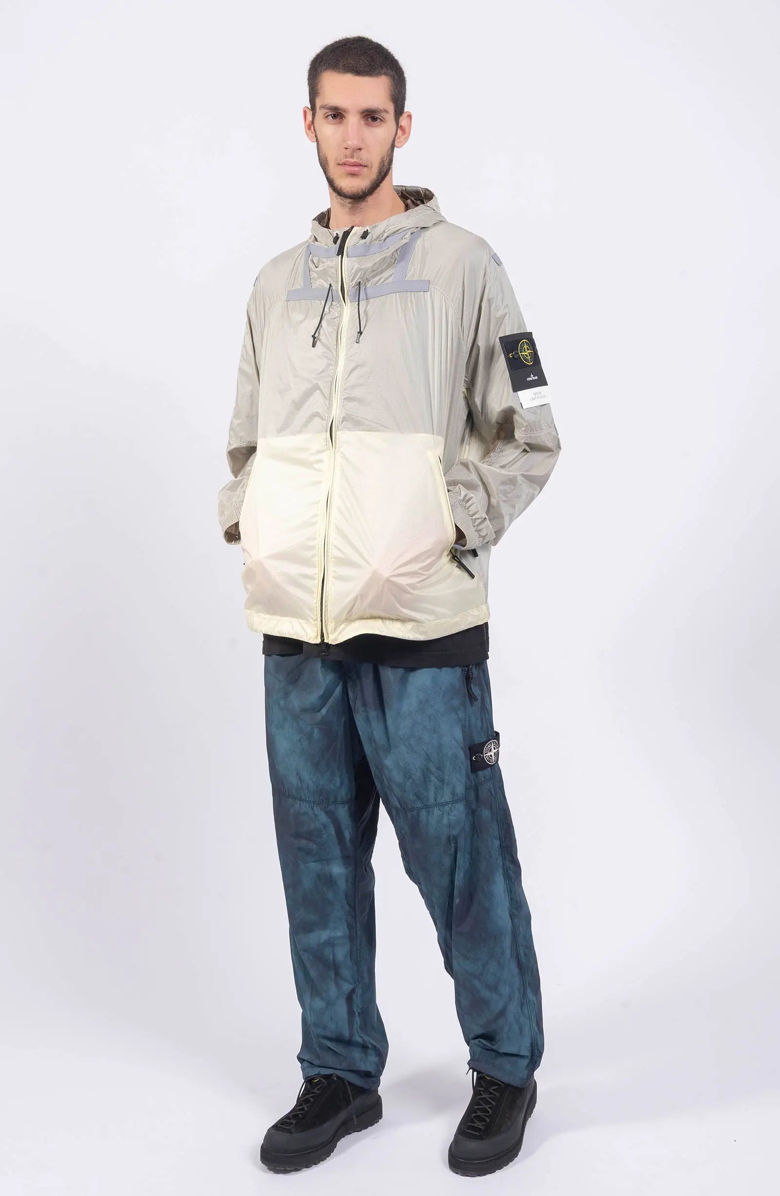 Stone Island, Mens Jacket, Windbreaker, Ivory White V0093, Semi-Transparent, Elasticated Cuffs, Full Zip, YKK Zippers, Compass Badge, Logo-Patch, Side Pockets, Hooded, Full Body Photo. 