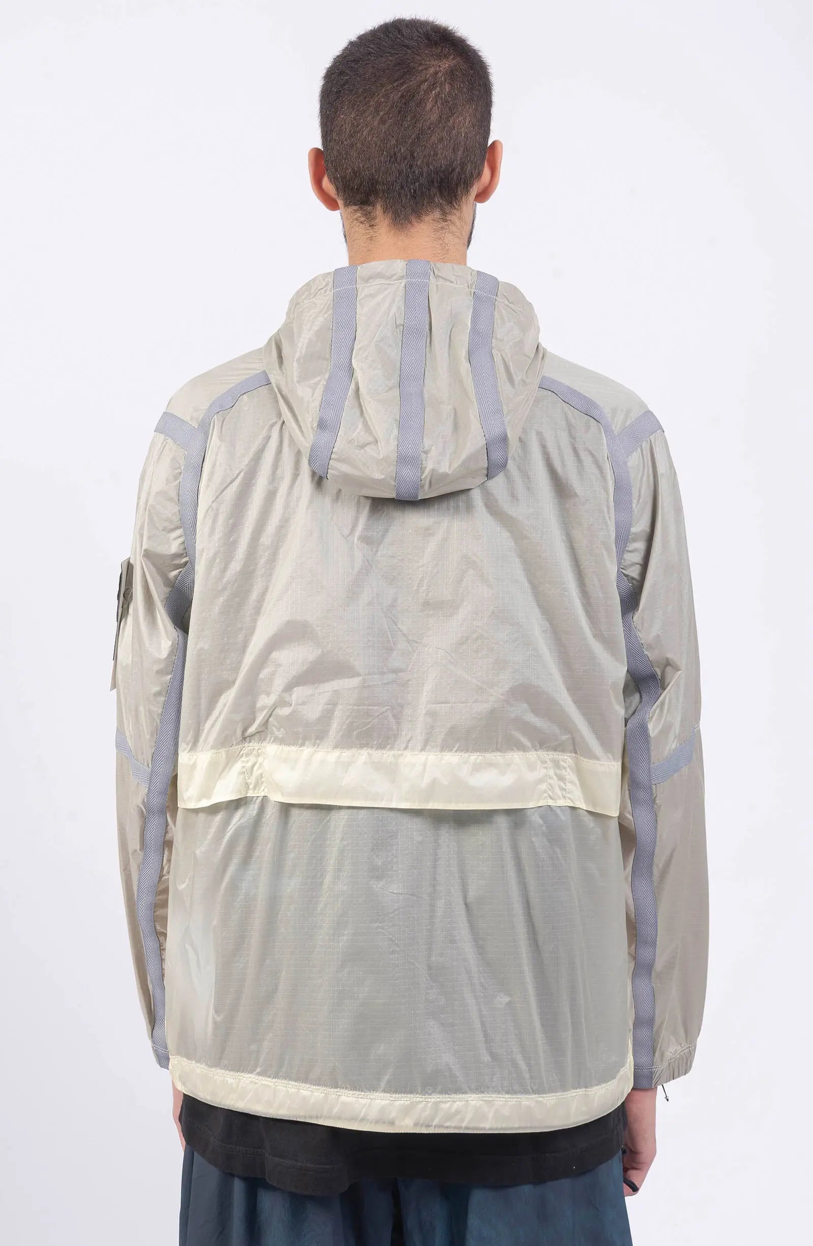 Stone Island, Mens Jacket, Windbreaker, Ivory White V0093, Semi-Transparent, Elasticated Cuffs, Full Zip, YKK Zippers, Compass Badge, Logo-Patch, Side Pockets, Hooded, Back Photo. 