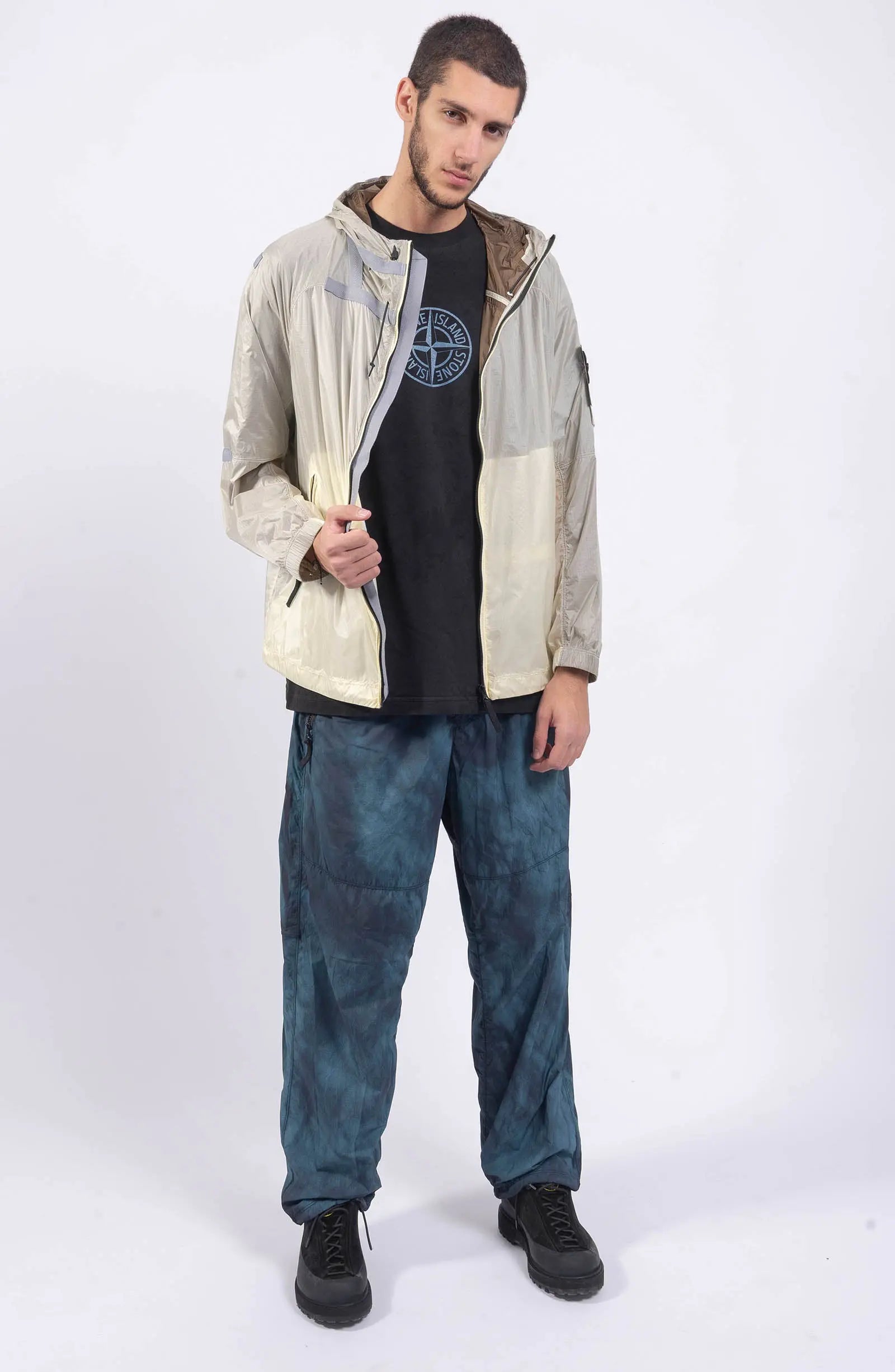 Stone Island, Mens Jacket, Windbreaker, Ivory White V0093, Semi-Transparent, Elasticated Cuffs, Full Zip, YKK Zippers, Compass Badge, Logo-Patch, Side Pockets, Hooded, Full Body Unzipped. 