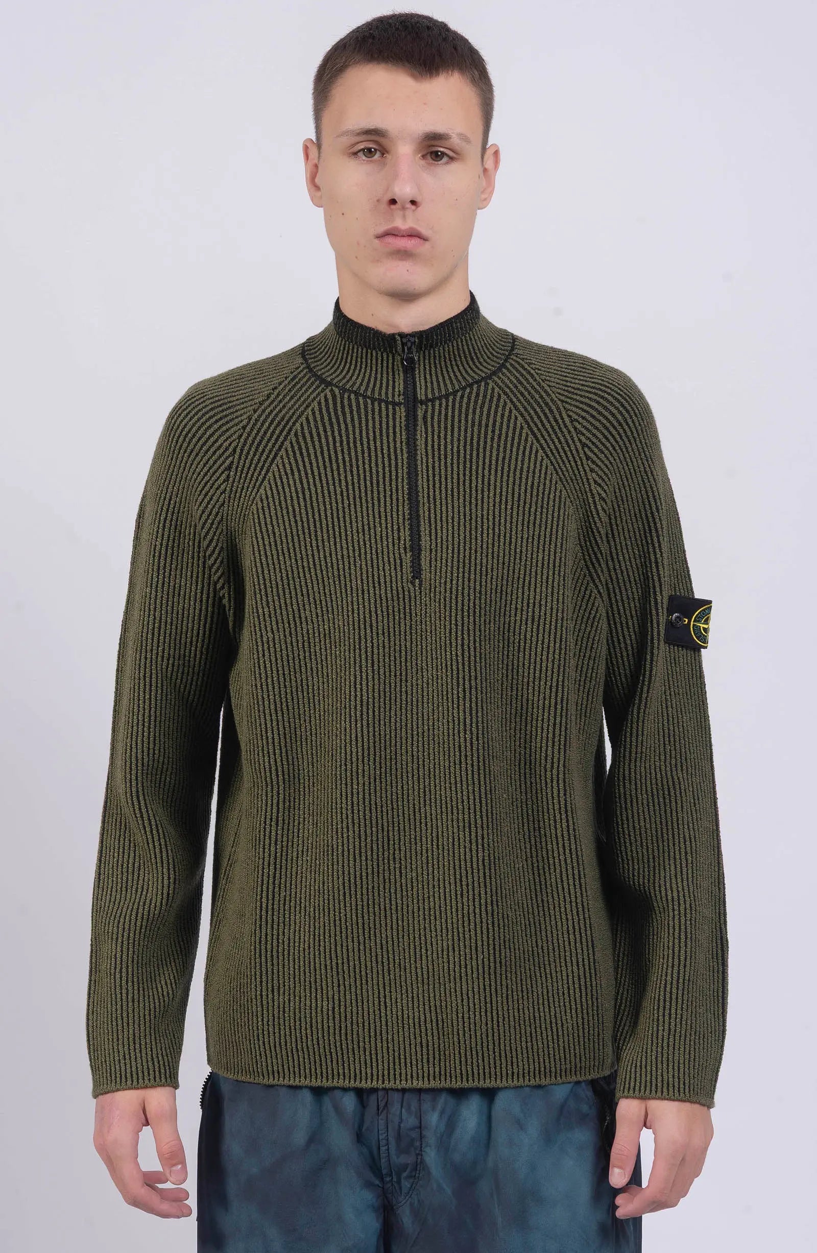 Stone Island, Mens Sweater, Khaki Green V0054, Mock Neck, Half-zip, YKK Zipper, Compass Badge, Long Sleeves, Front Photo. 