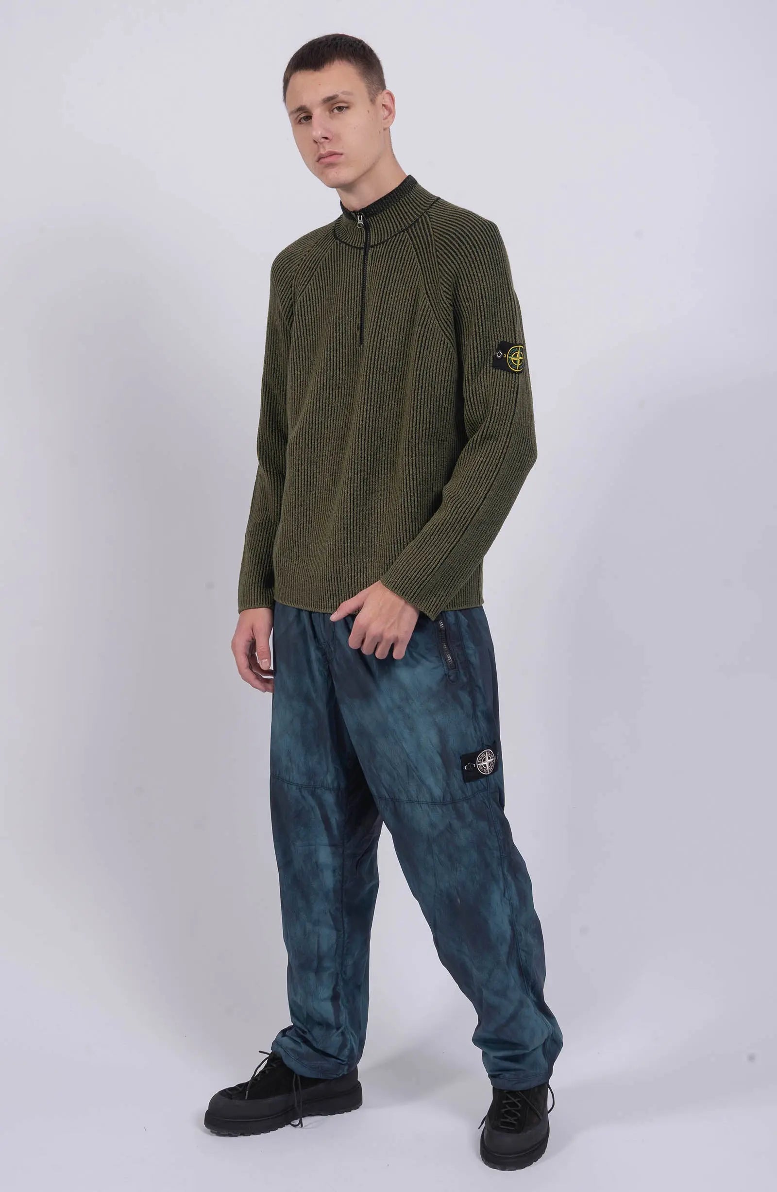 Stone Island, Mens Sweater, Khaki Green V0054, Mock Neck, Half-zip, YKK Zipper, Compass Badge, Long Sleeves, Full Body Photo. 