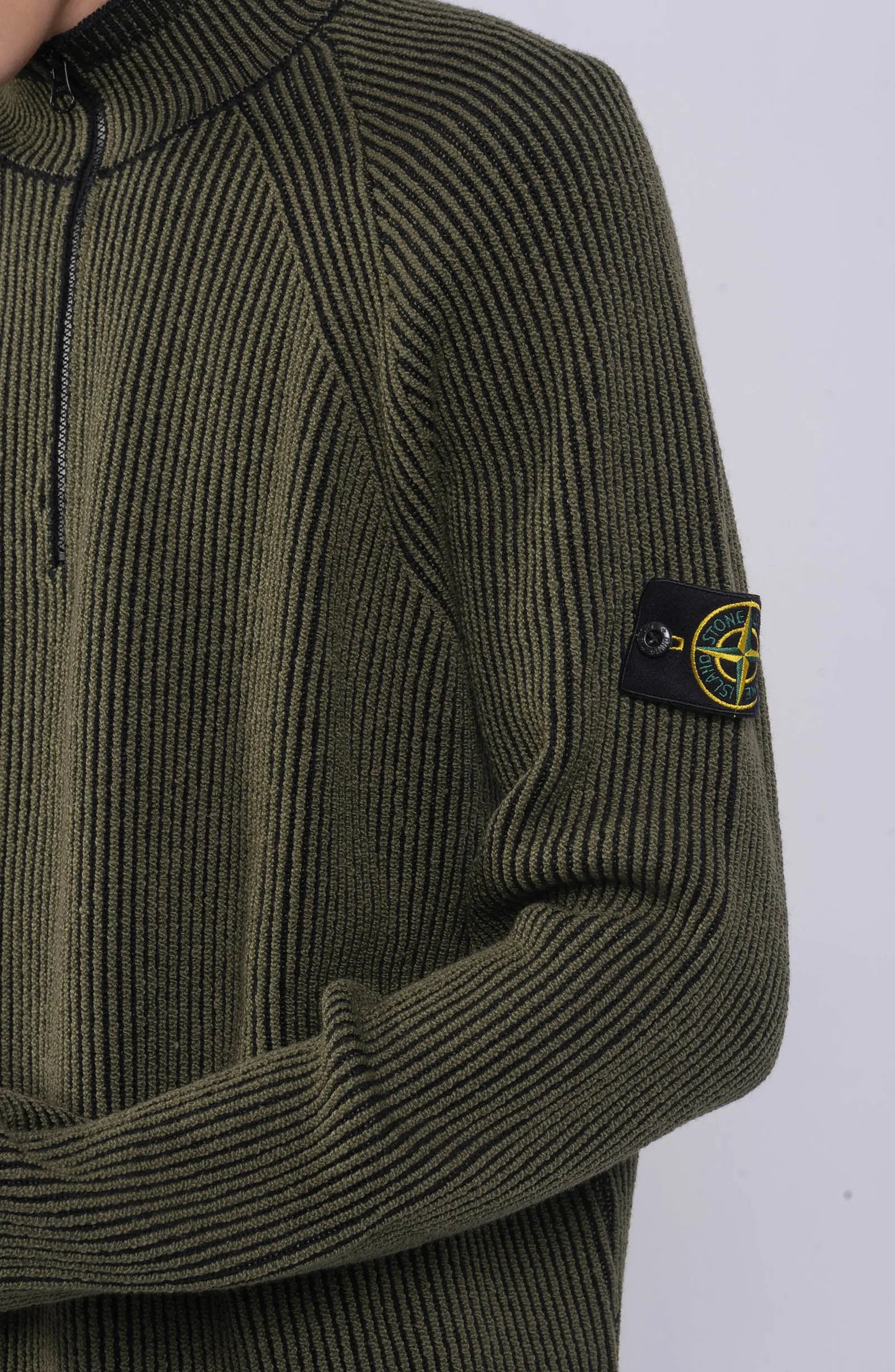 Stone Island, Mens Sweater, Khaki Green V0054, Mock Neck, Half-zip, YKK Zipper, Compass Badge, Long Sleeves, Badge Close-up. 