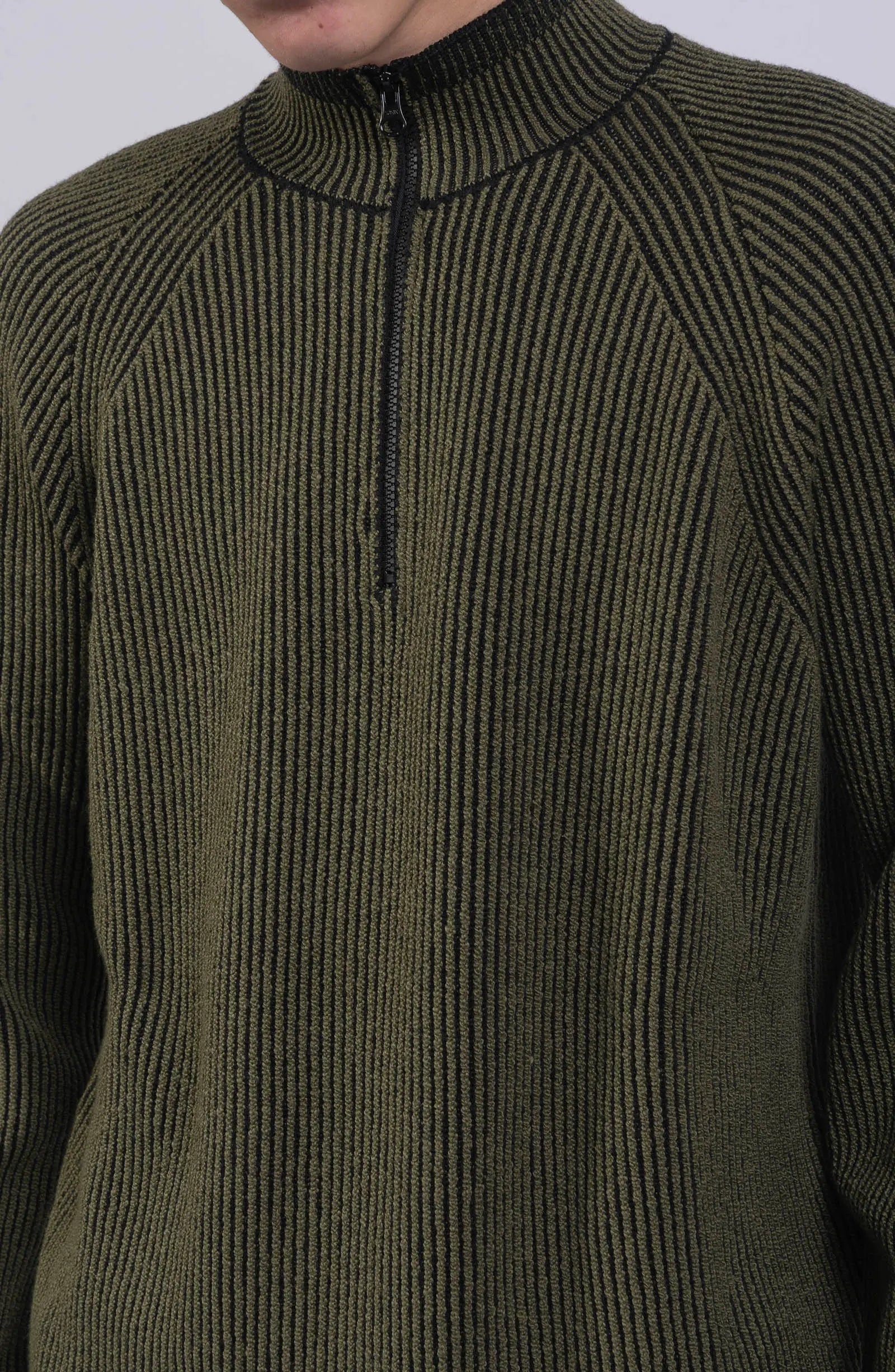 Stone Island, Mens Sweater, Khaki Green V0054, Mock Neck, Half-zip, YKK Zipper, Compass Badge, Long Sleeves, Zipper and Neck Close-up. 