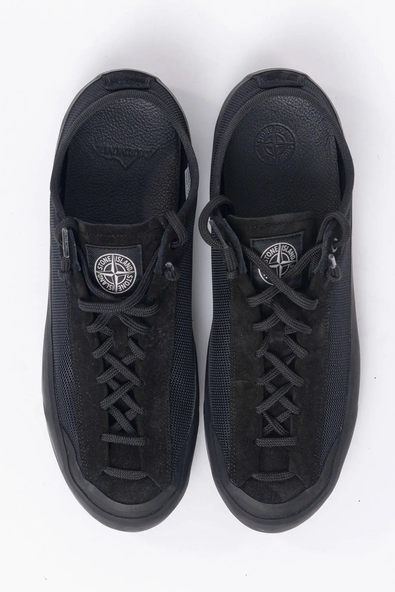 Stone Island, Mens Shoes, Black V0029, Mesh Fabric, Leather, Rubber, Breathable, Breathing, Lightweight, Compass Logo, Top-Down View. 