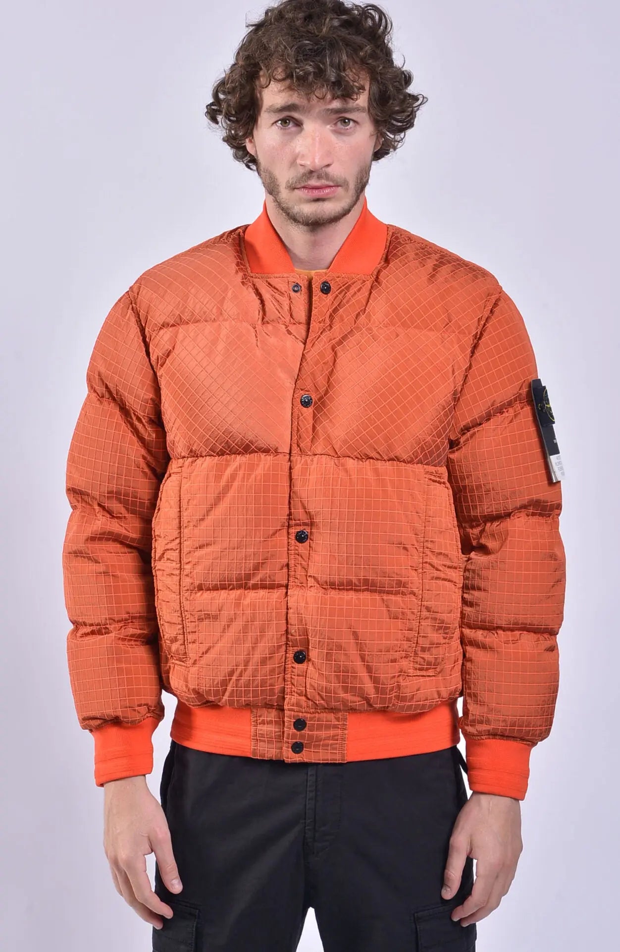 Stone Island, Mens Jacket, Bomber Jacket, Orange, YKK Zipper, Stone Island Buttons, Snaps, Stone Island Badge, Front Photo. 