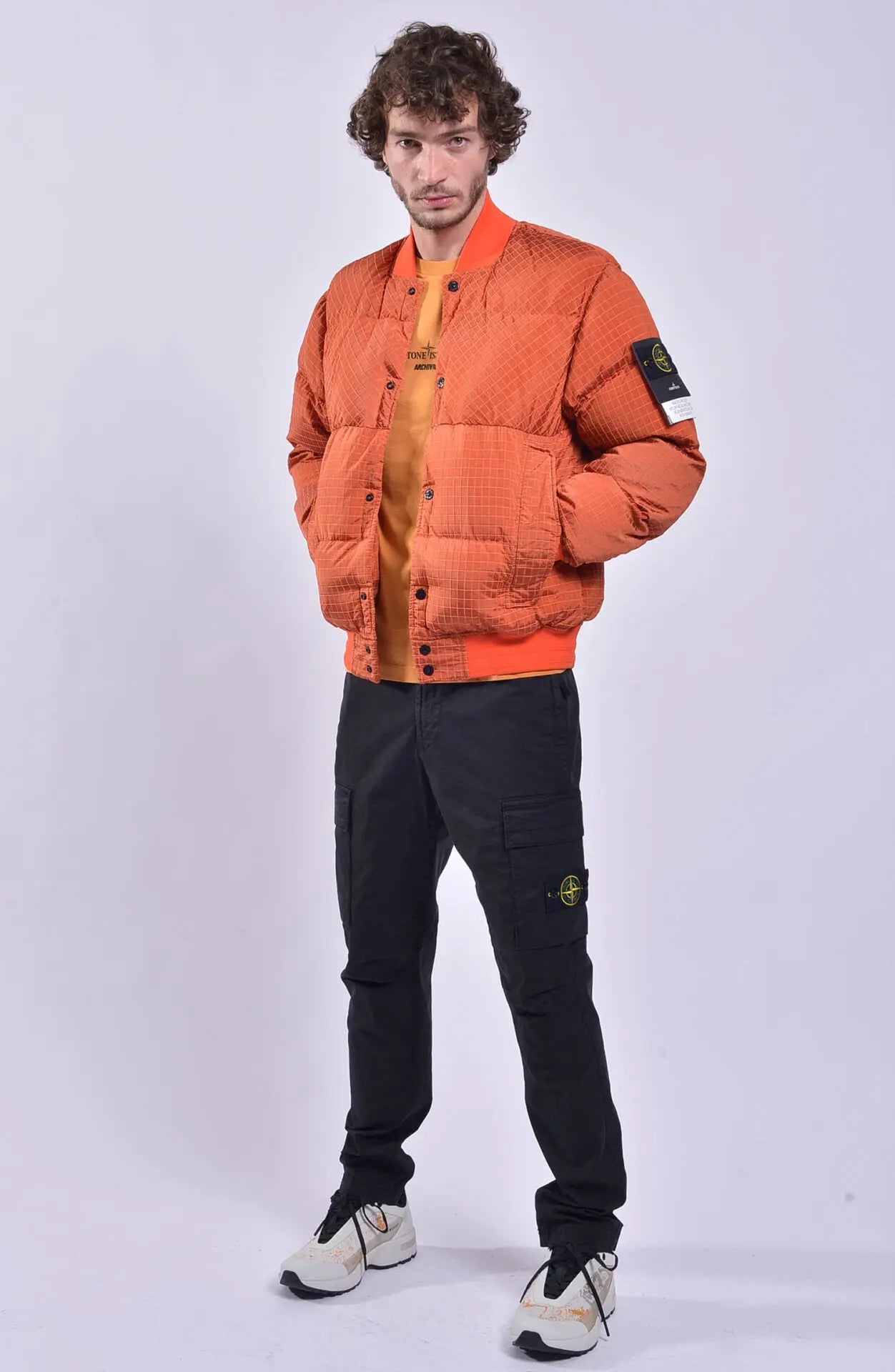Stone Island, Mens Jacket, Bomber Jacket, Orange, YKK Zipper, Stone Island Buttons, Snaps, Stone Island Badge, Full Body 7/8 Photo. 