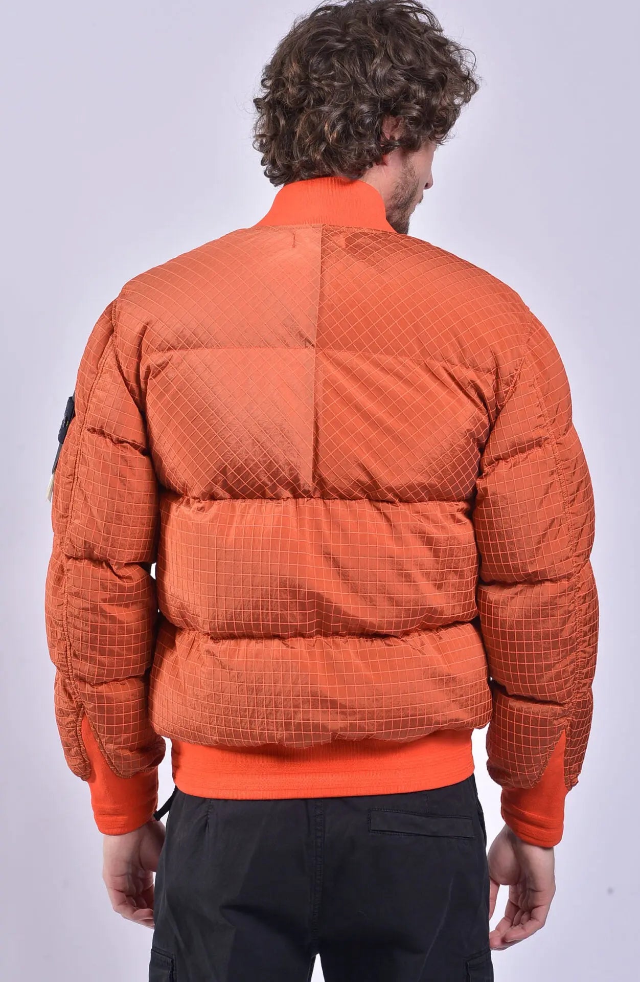 Stone Island, Mens Jacket, Bomber Jacket, Orange, YKK Zipper, Stone Island Buttons, Snaps, Stone Island Badge, Back Photo. 